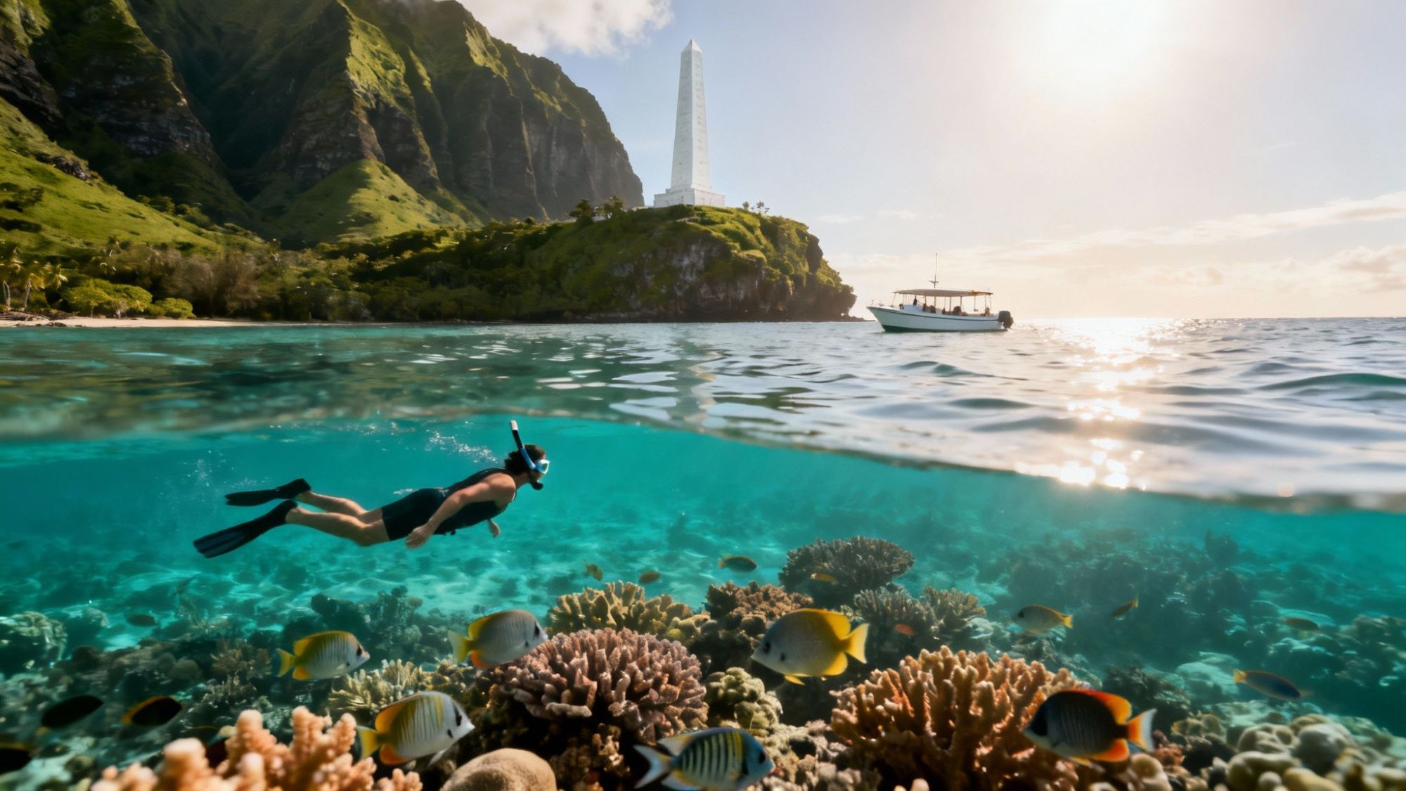 Snorkeler over coral reef with fish, boat on water, lush mountains, and tower in background under the sun.