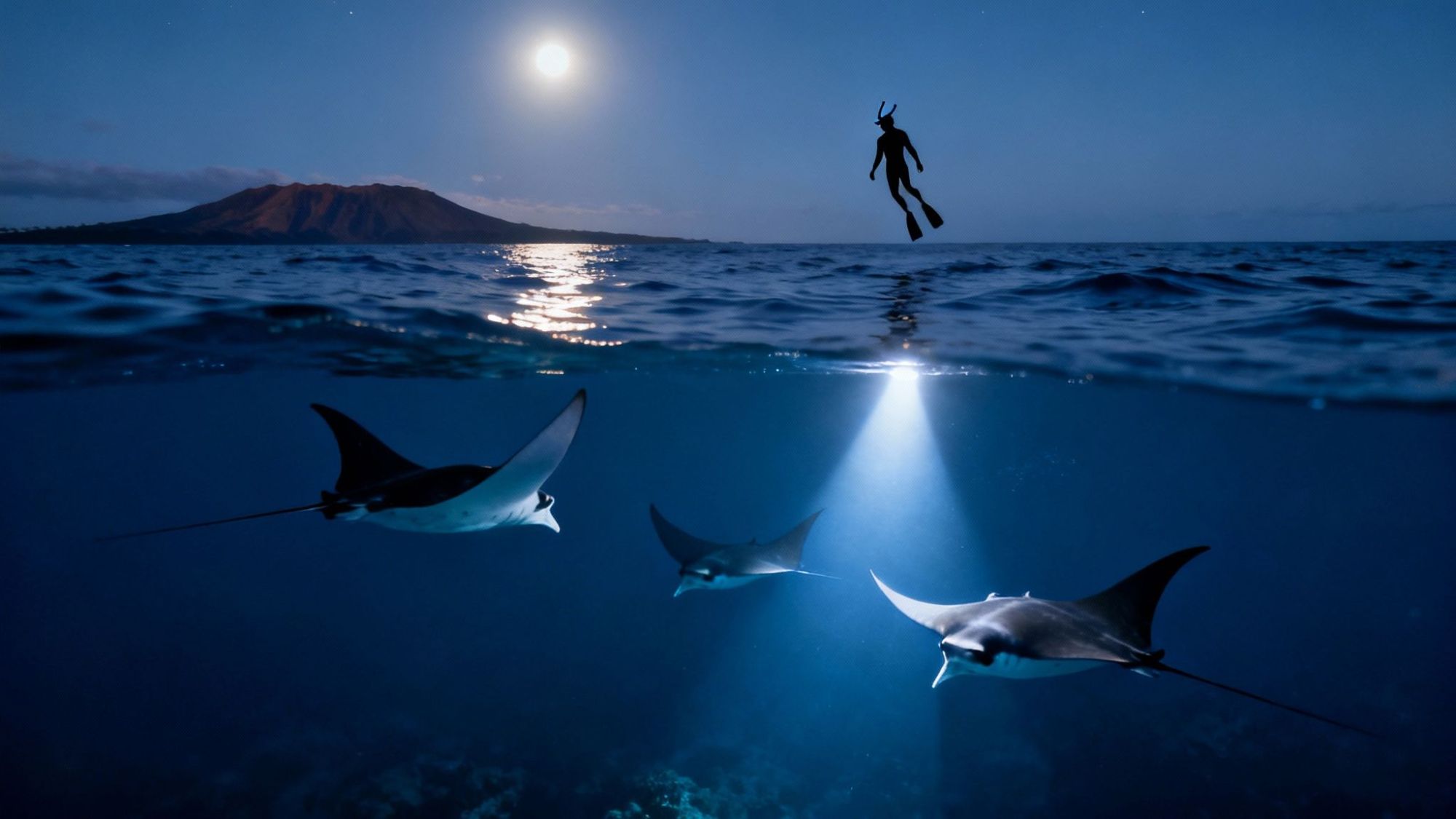 Diver above manta rays at night with a full moon over water and a mountain in the background.