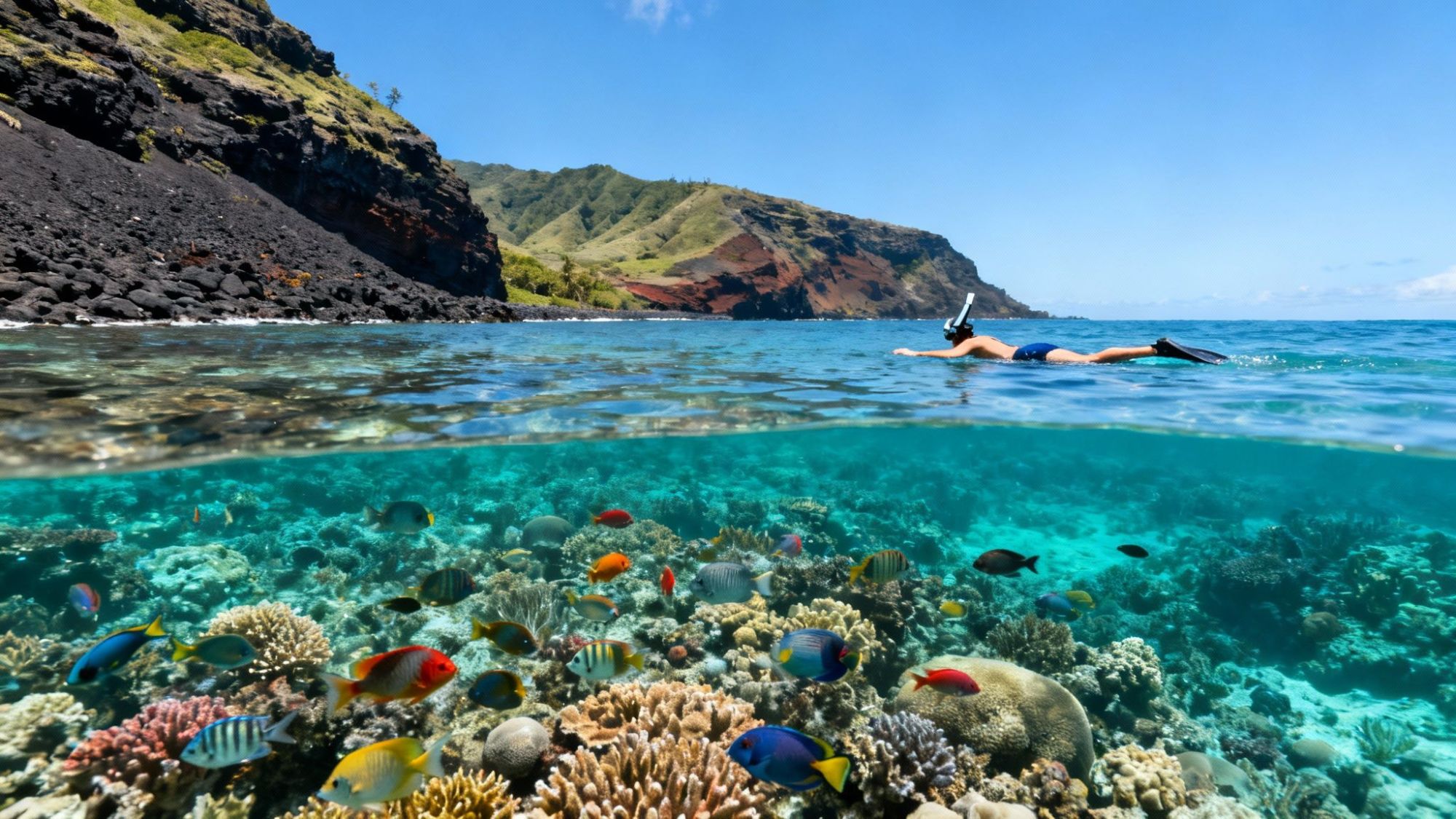 Snorkeler above vibrant coral reef with colorful fish, beneath a rocky coastline under a clear blue sky.