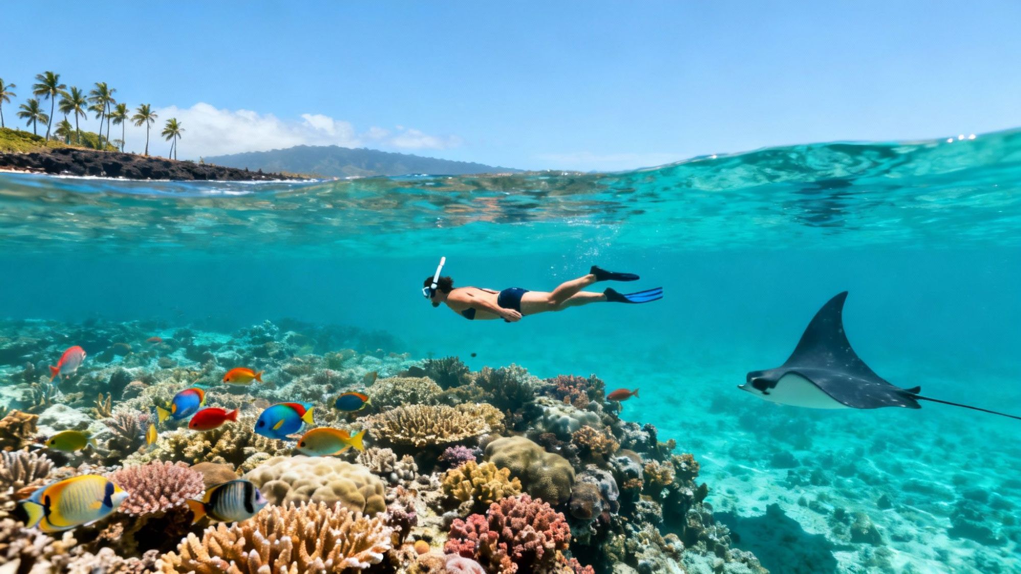 Snorkeler swims over coral reef with colorful fish and manta ray in clear ocean water.