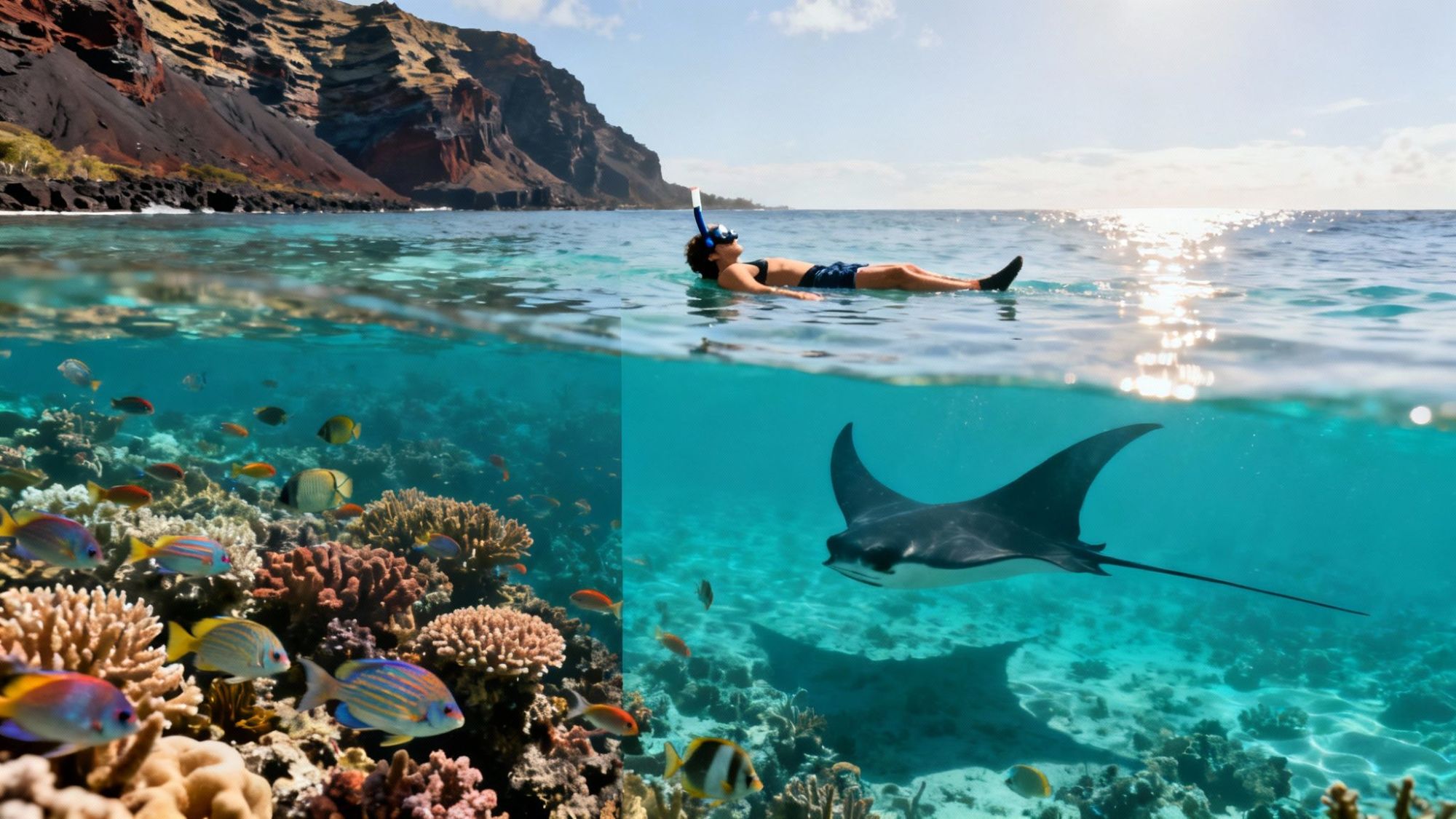 Person snorkeling above coral reef with colorful fish and manta ray underwater in a tropical ocean.