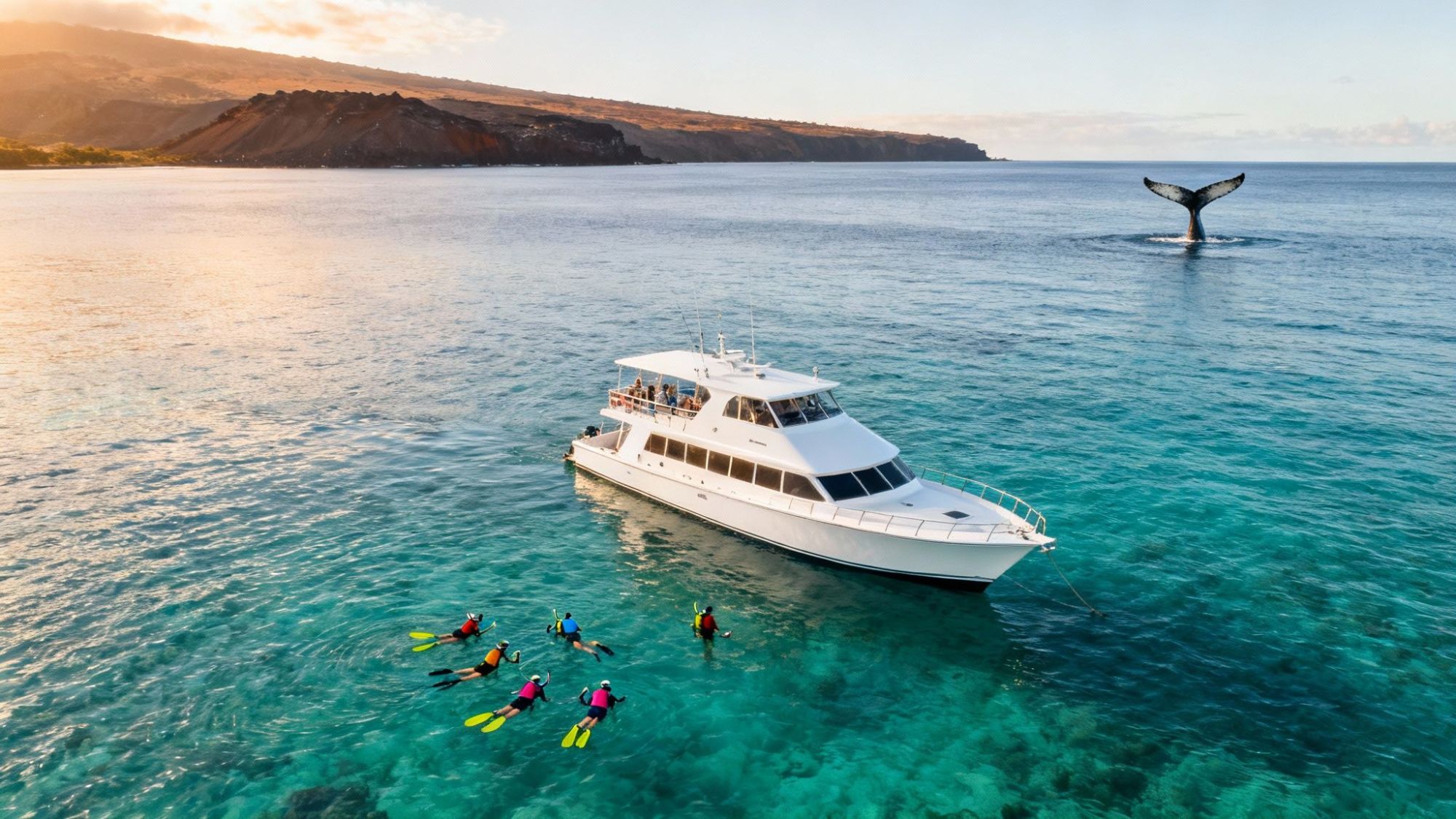 Yacht near snorkelers and a whale tail in clear blue ocean with a distant coastline.