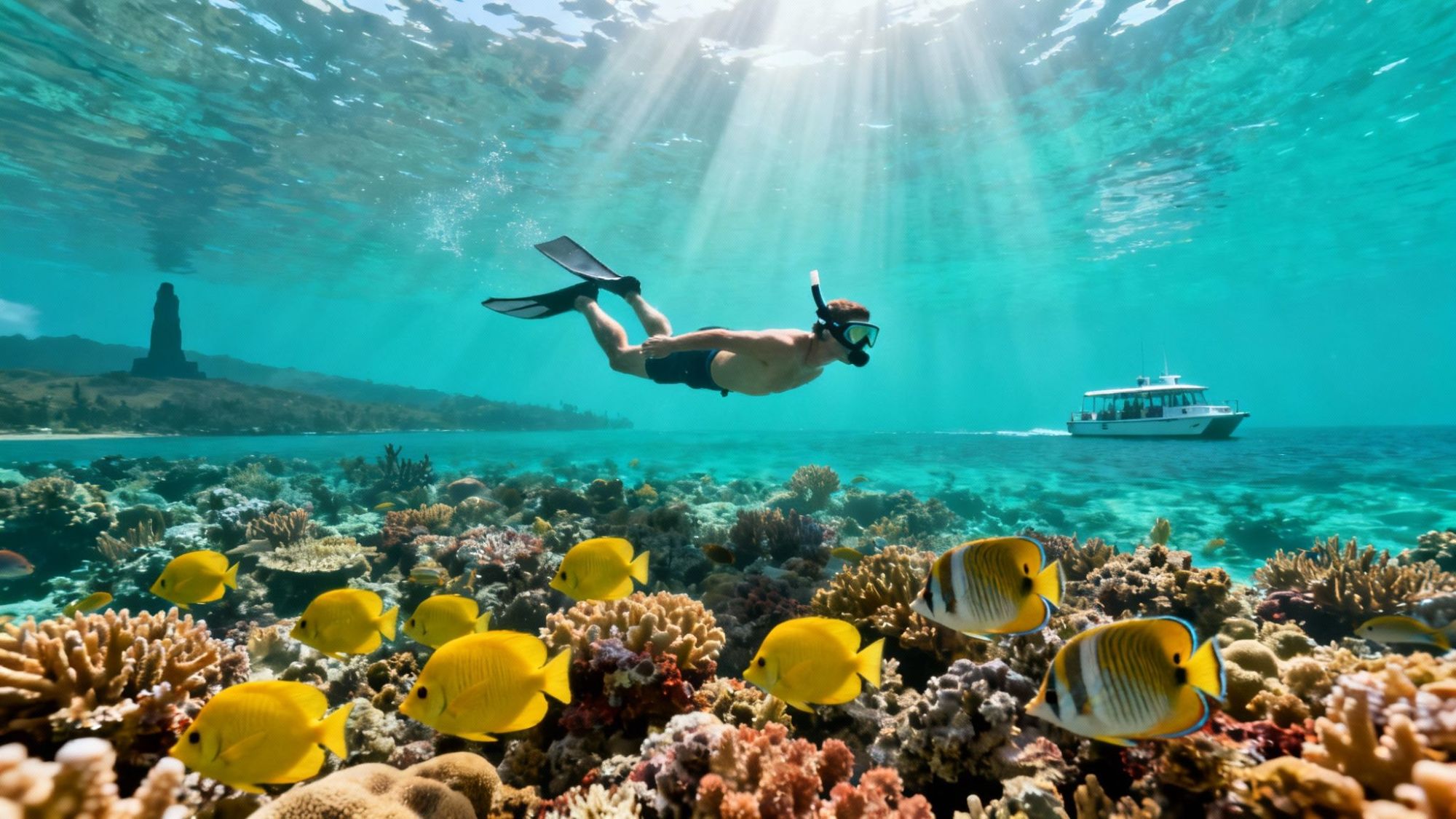 Snorkeler swims over colorful coral reef with tropical fish and a boat in the background.