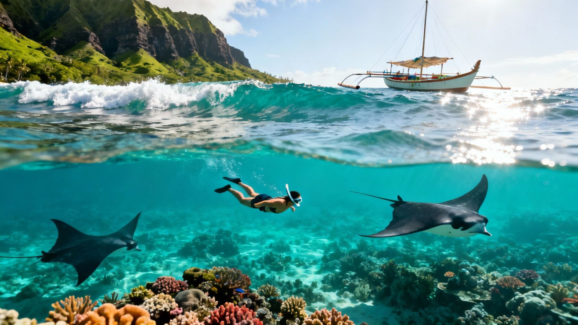Snorkeler swims with manta rays near coral reef under sunlit ocean, boat above.