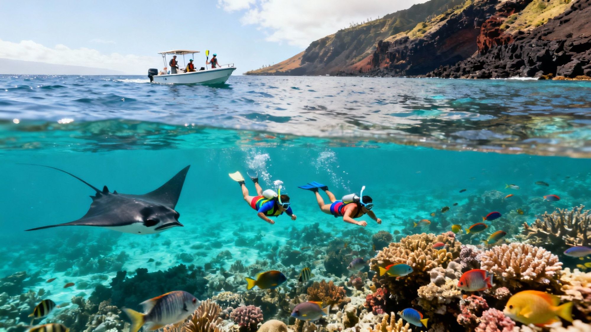 Snorkelers near coral reef and manta ray, with boat and rocky coastline above water.