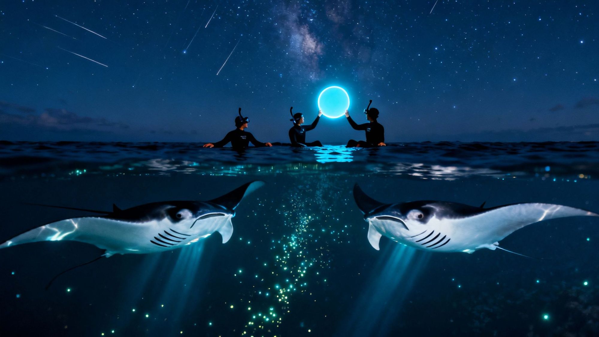 Divers above water holding glowing ring, manta rays swim below, starry night sky filled with meteor streaks.