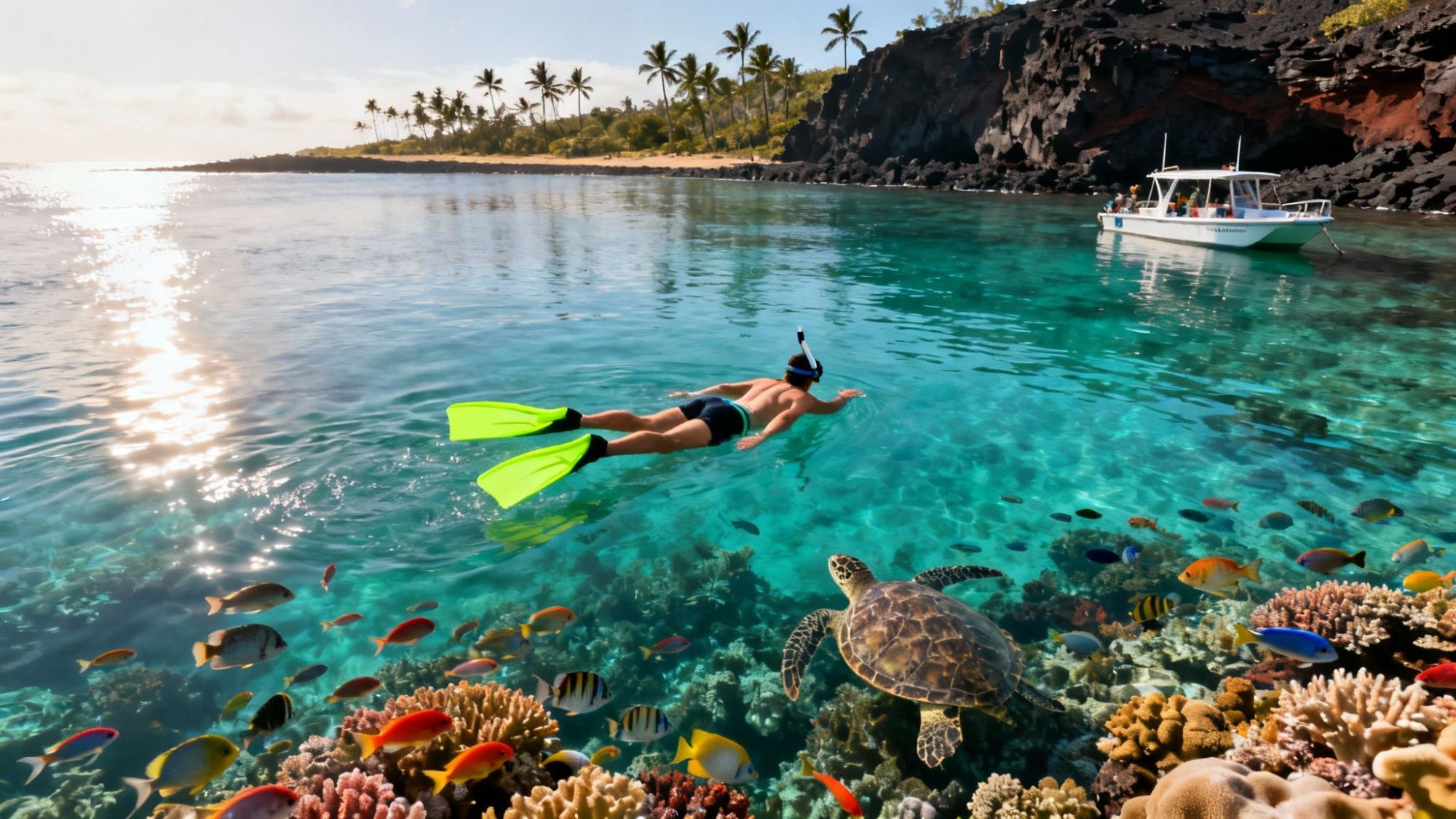 Snorkeler in clear water with coral reef, fish, and a sea turtle; boat in the background.