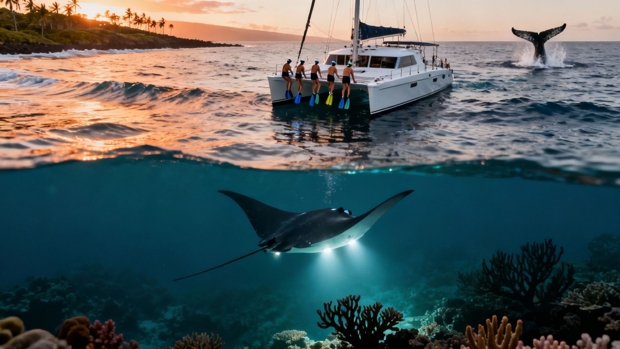 Split view: people on yacht at sunset, whale tail above water, manta ray and coral below.