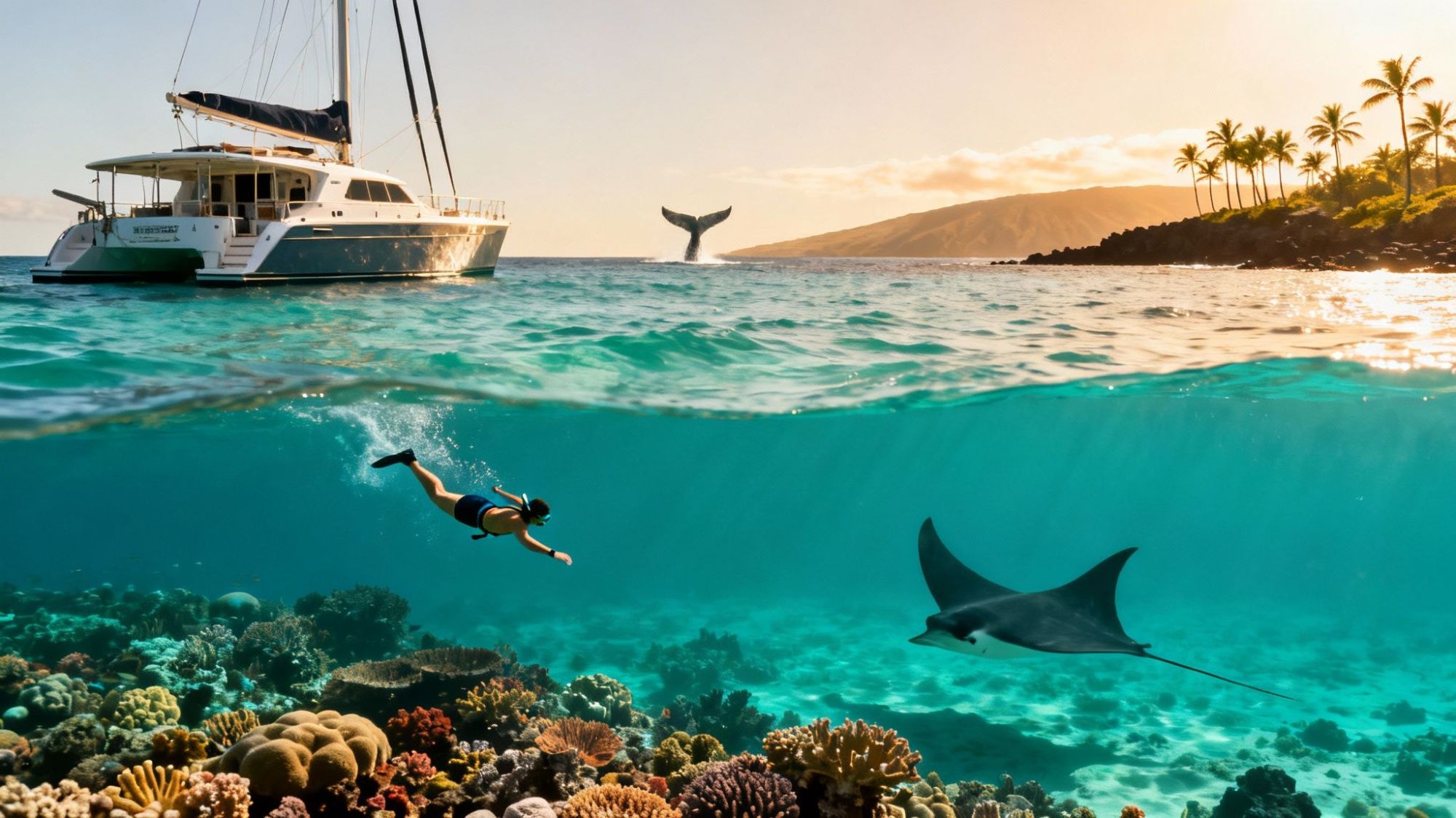 Snorkeler swims near coral reef, manta ray below water, yacht at surface, whale tail in distance, tropical setting.