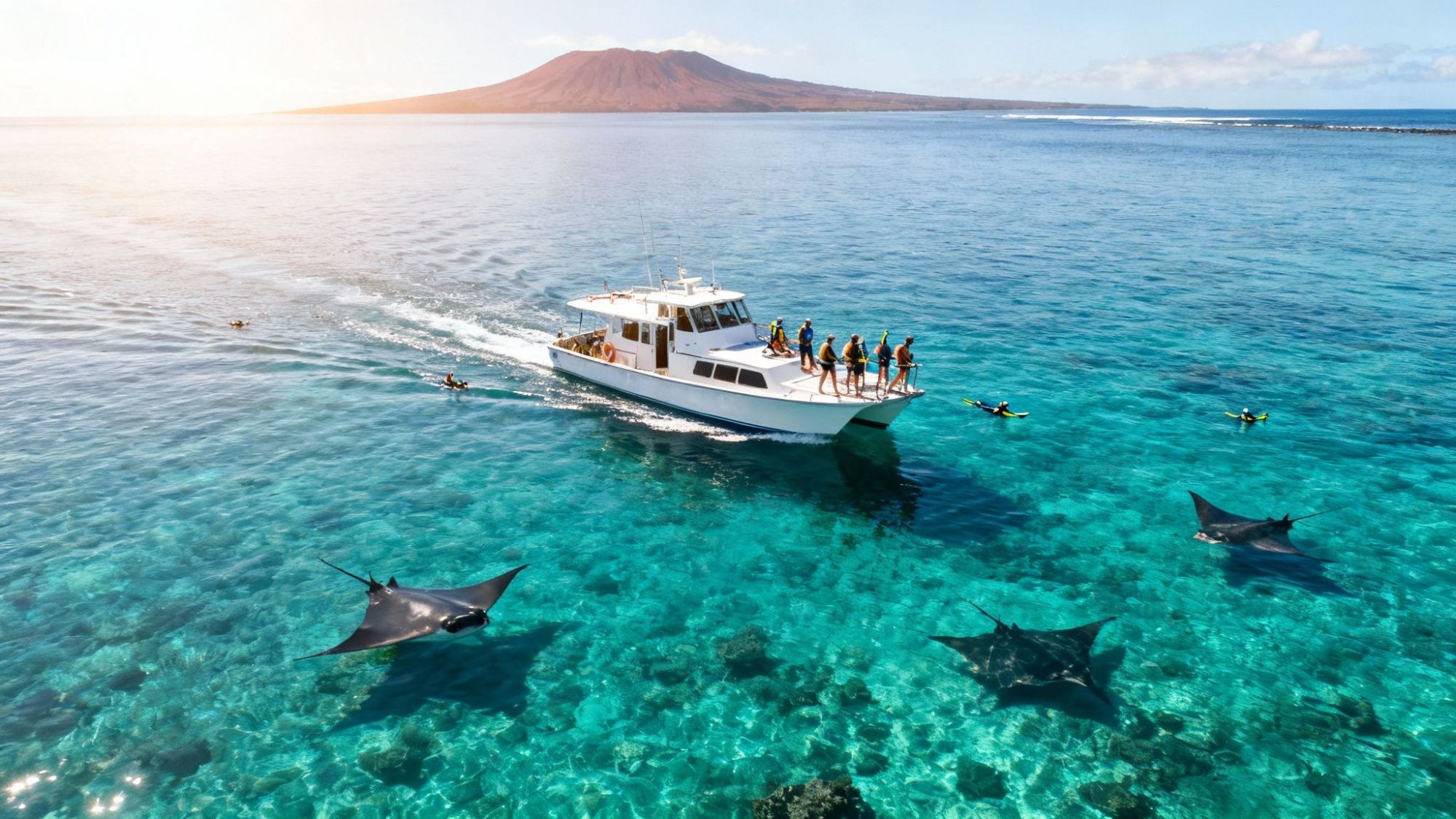 Boat with people and snorkelers near manta rays in clear ocean, island in background.