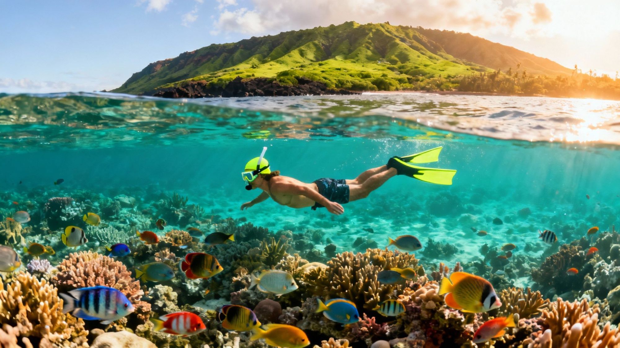 Person snorkeling over vibrant coral reef with colorful fish and green hills in the background.