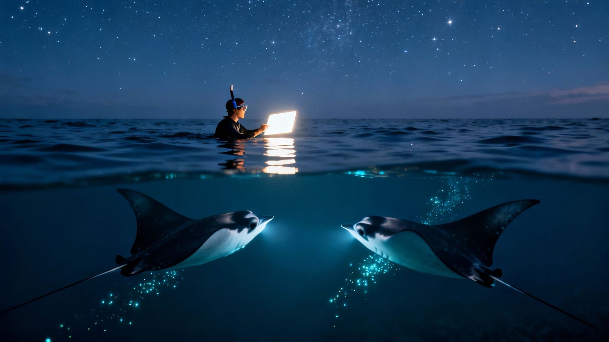 Person with laptop snorkeling above manta rays in ocean, starry night sky.