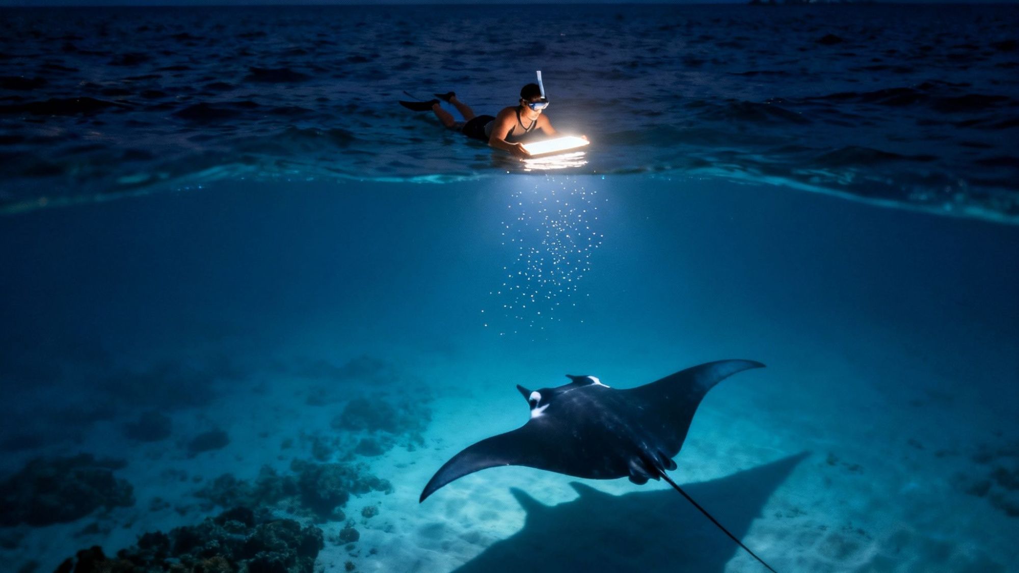 A snorkeler with a light floats above a manta ray underwater at night.