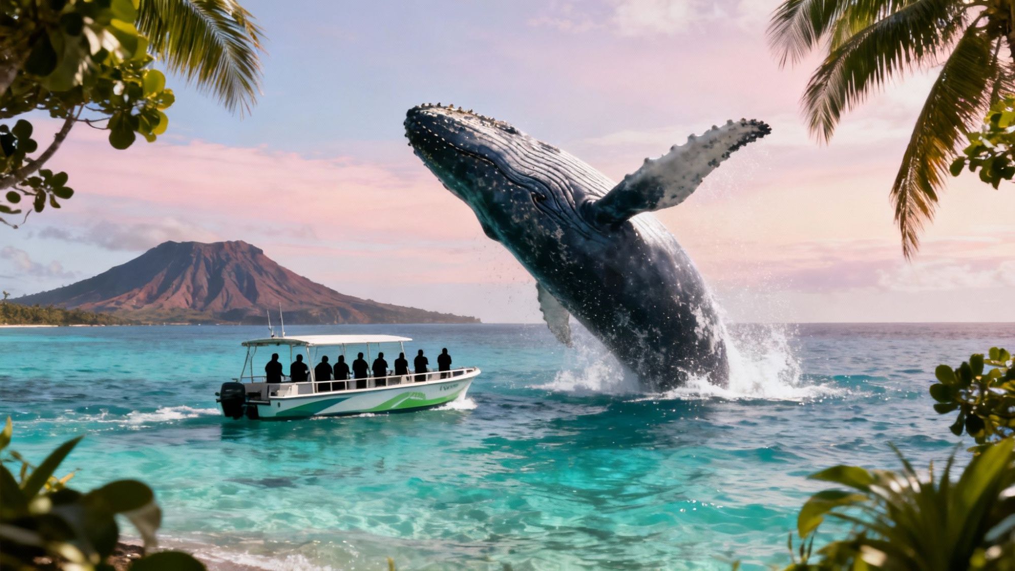 Whale breaching near a boat, tropical island and mountain in background, framed by palm trees.