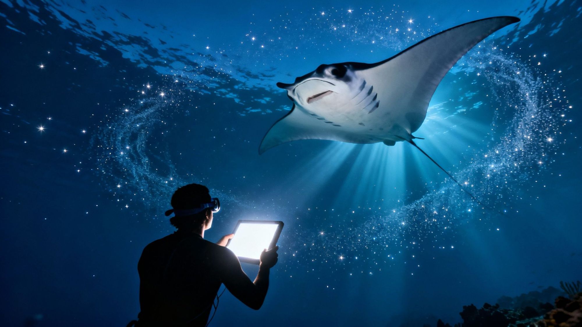Diver with tablet underwater observing a manta ray surrounded by glowing particles.