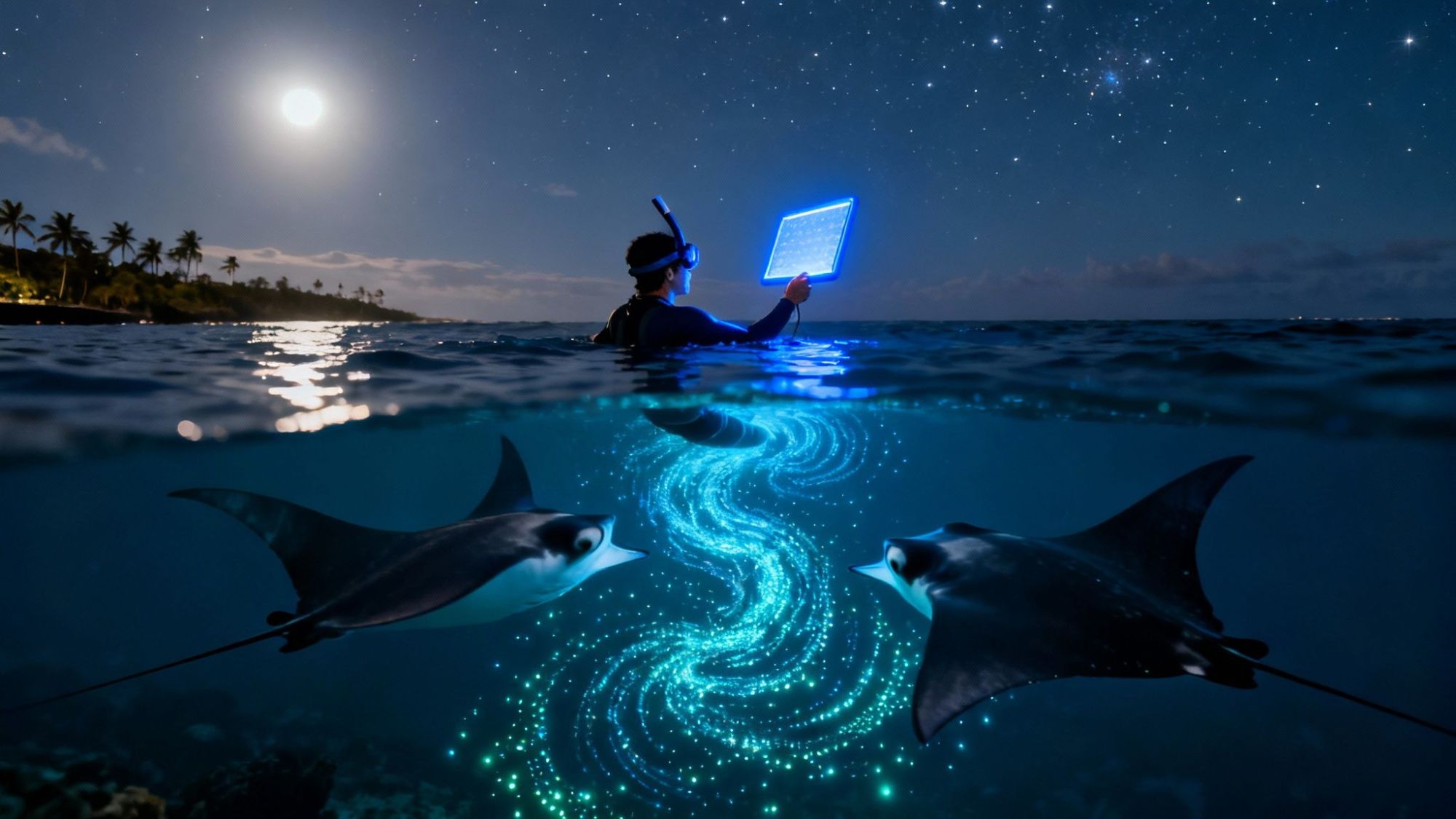 Underwater scene with snorkeler holding light, manta rays, and glowing dots beneath starry sky.