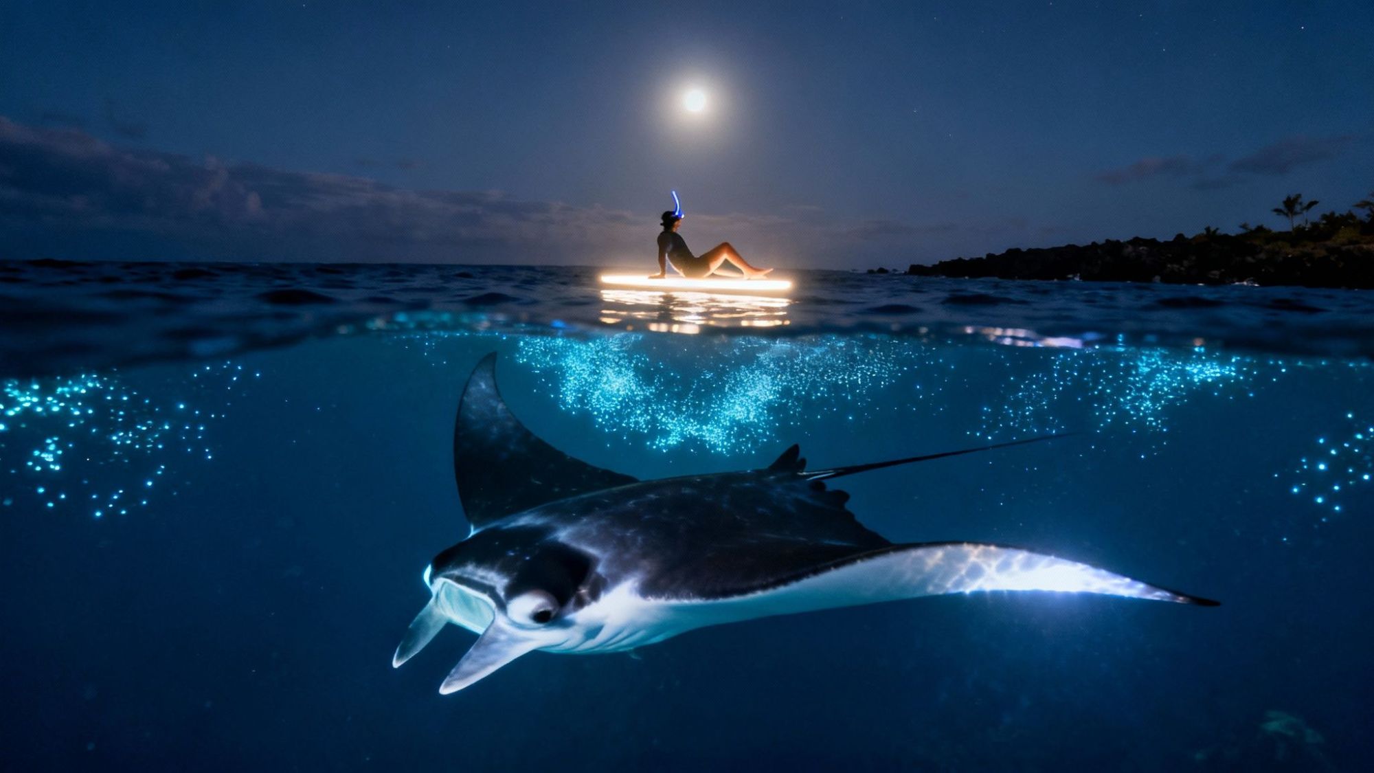 Manta ray under water at night with person on paddleboard above, illuminated by moonlight and glowing particles.