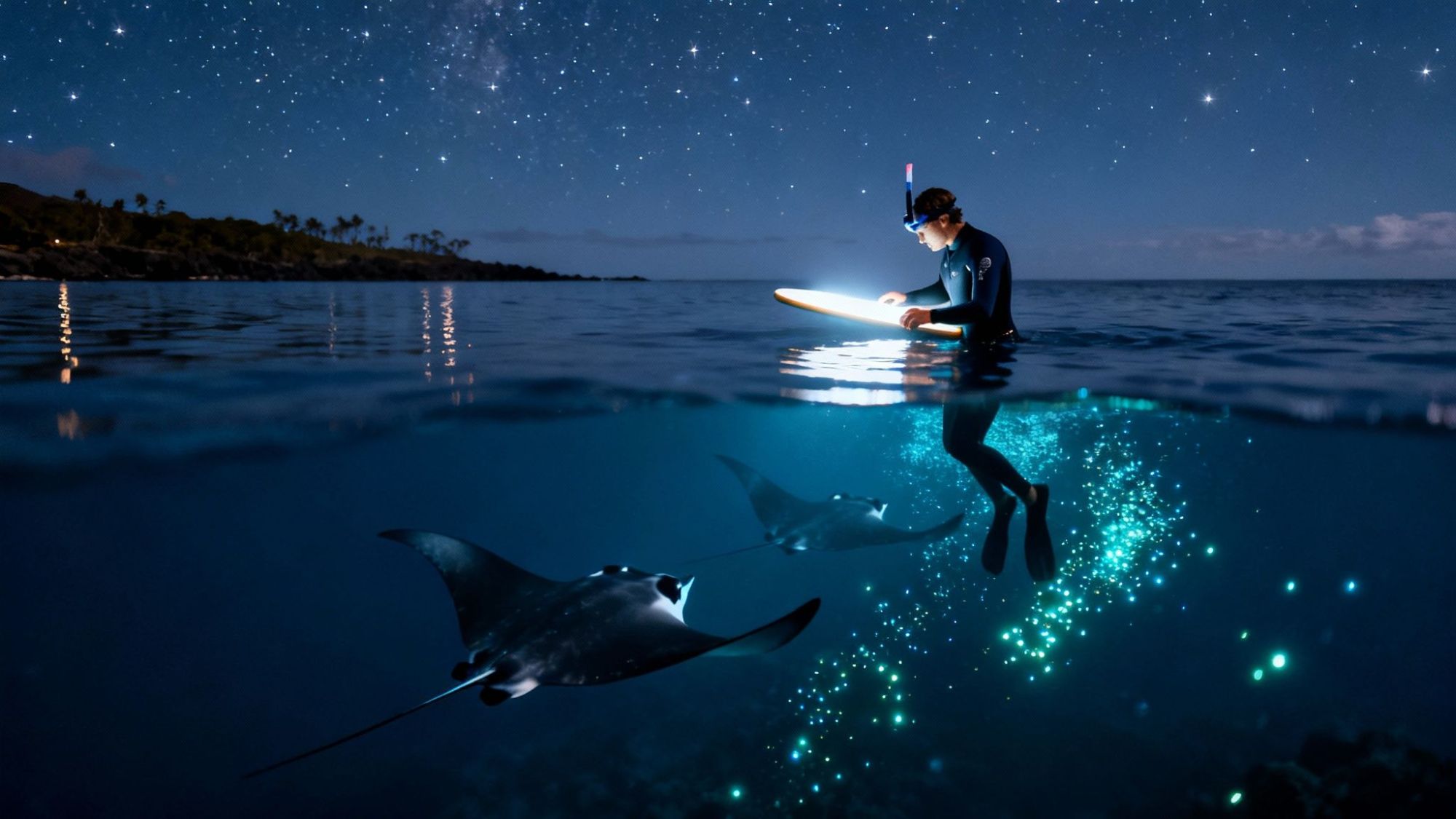 Person snorkeling with light at night, manta rays below, stars in sky.