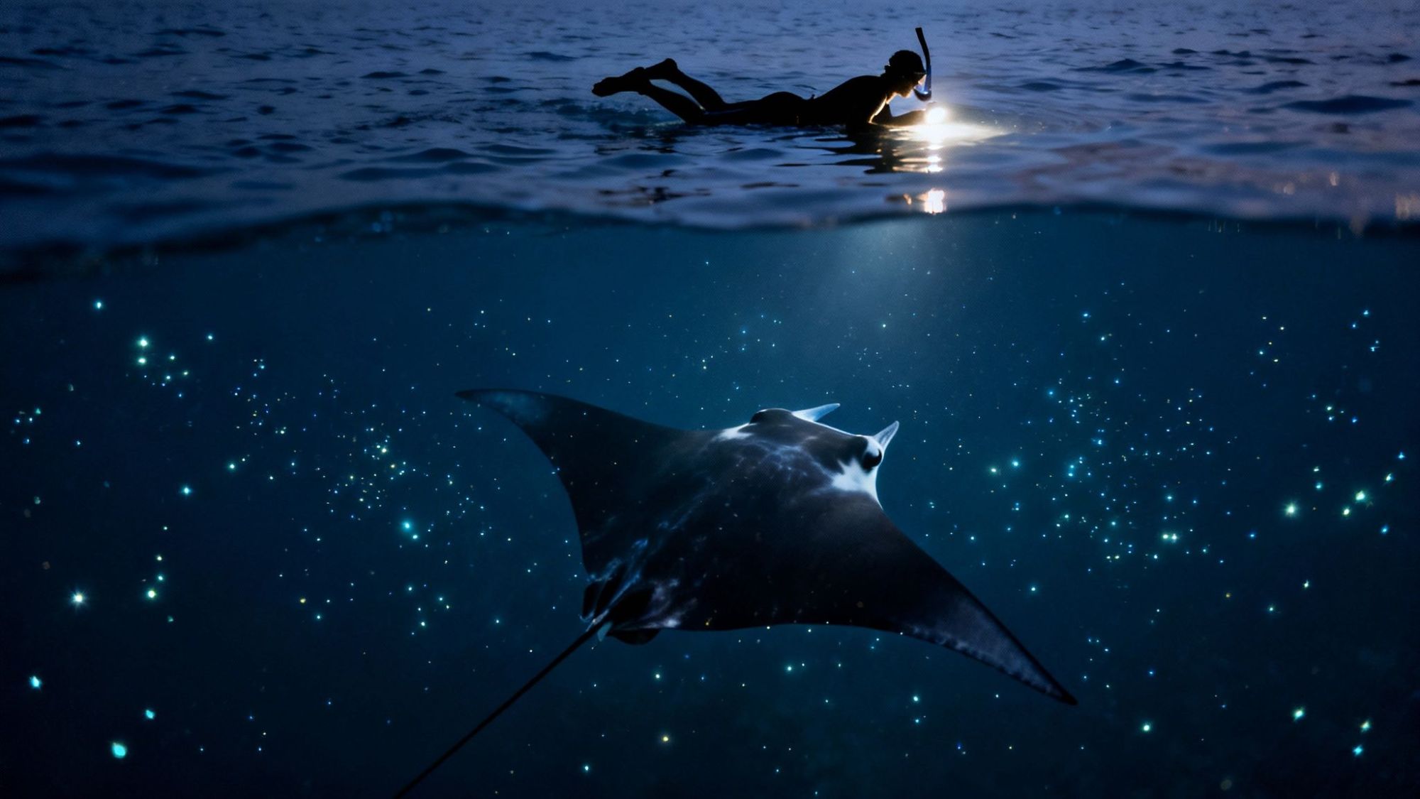 Snorkeler with flashlight above water, manta ray below, surrounded by glowing bioluminescence.
