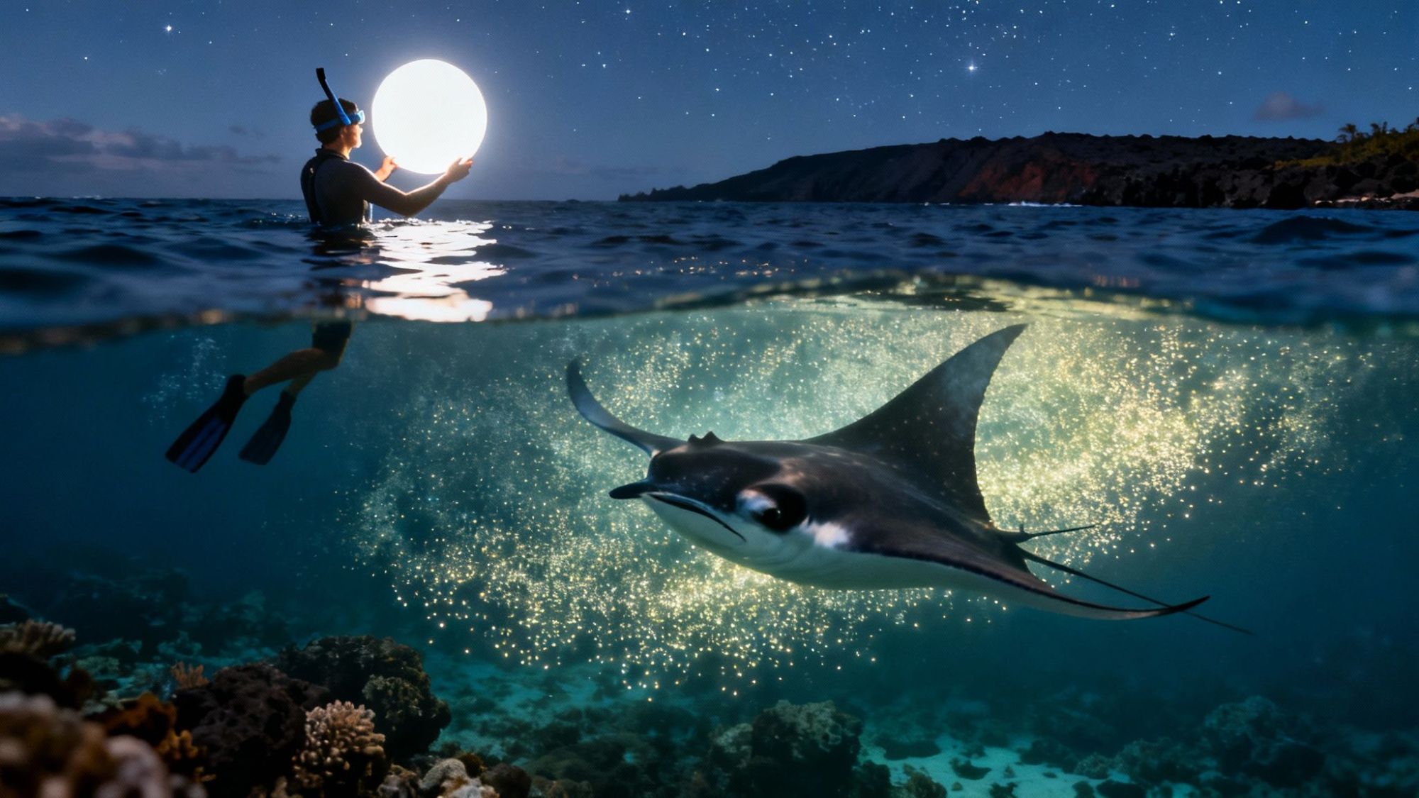 Snorkeler holds a glowing orb above a manta ray underwater, with a starry sky overhead.