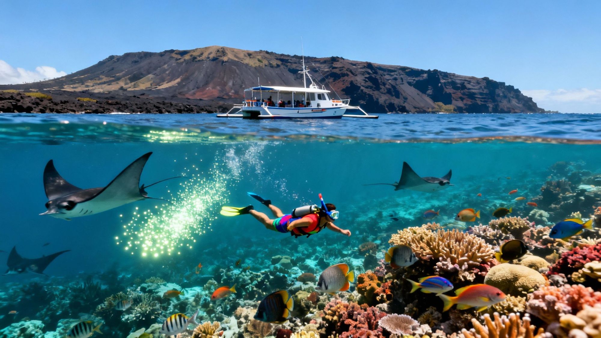 Snorkeler swims near colorful fish and rays above coral reef, with boat and island in background.