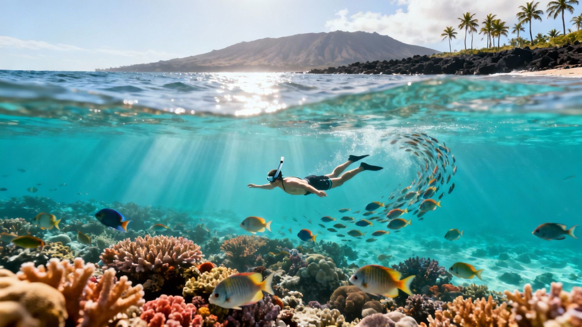 Snorkeler swims over a coral reef with colorful fish near a tropical island.