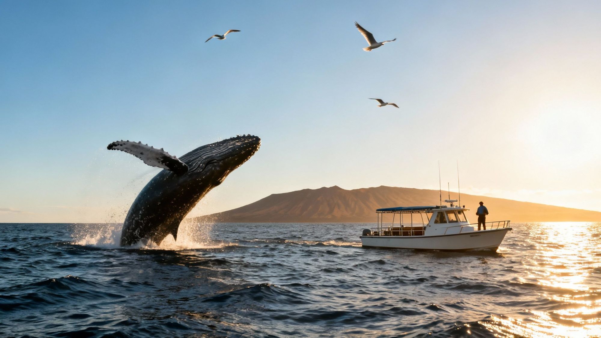 Whale breaching near a boat at sunset, with birds flying overhead.