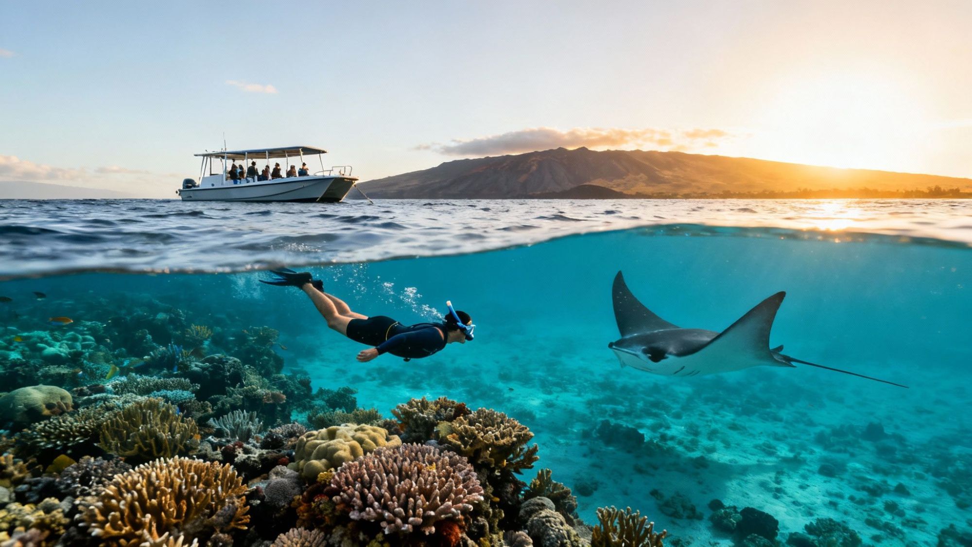 Snorkeler underwater near manta ray, boat above, coral reef, and sunset in the background.
