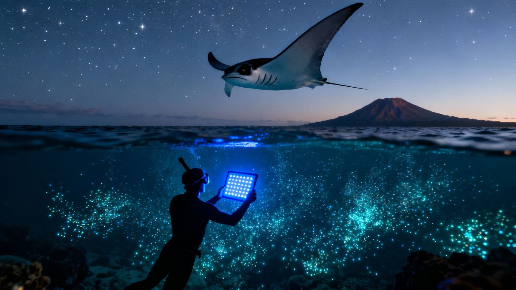 Diver holding blue light underwater with manta ray above and mountain in the background under a starry sky.
