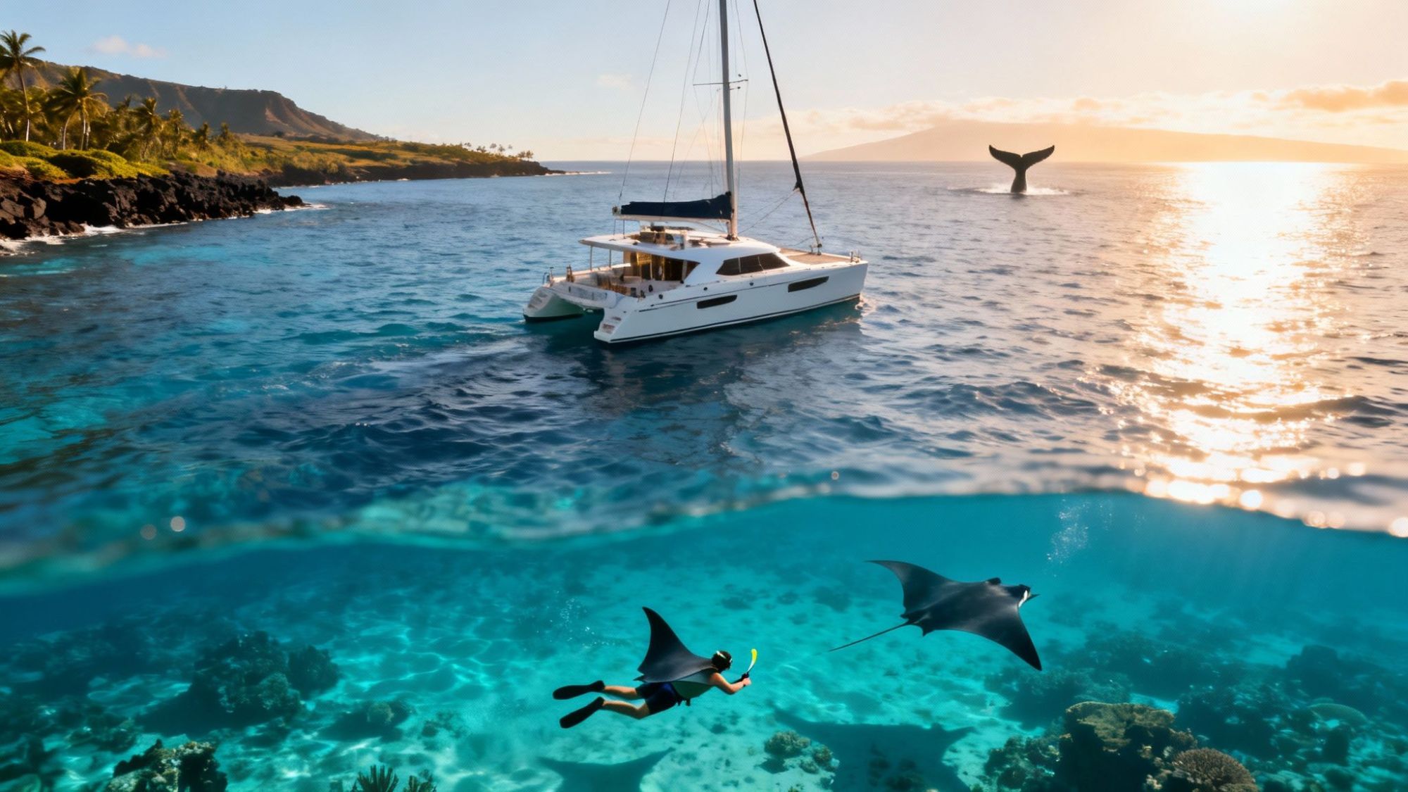 Sailboat on ocean, whale tail breaching, snorkeler and manta ray underwater, with island in background.