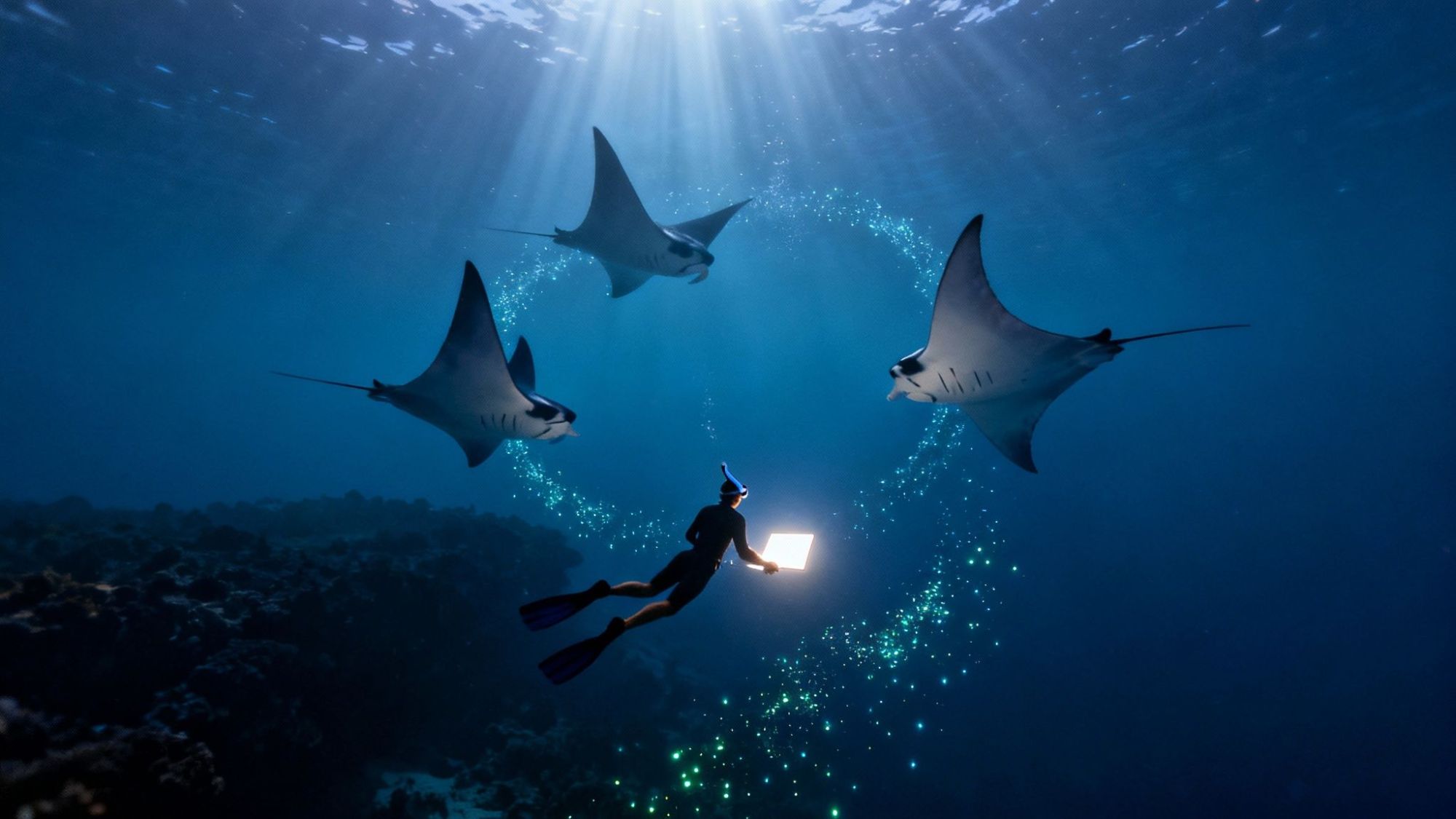 Diver with laptop surrounded by three manta rays and glowing particles underwater.