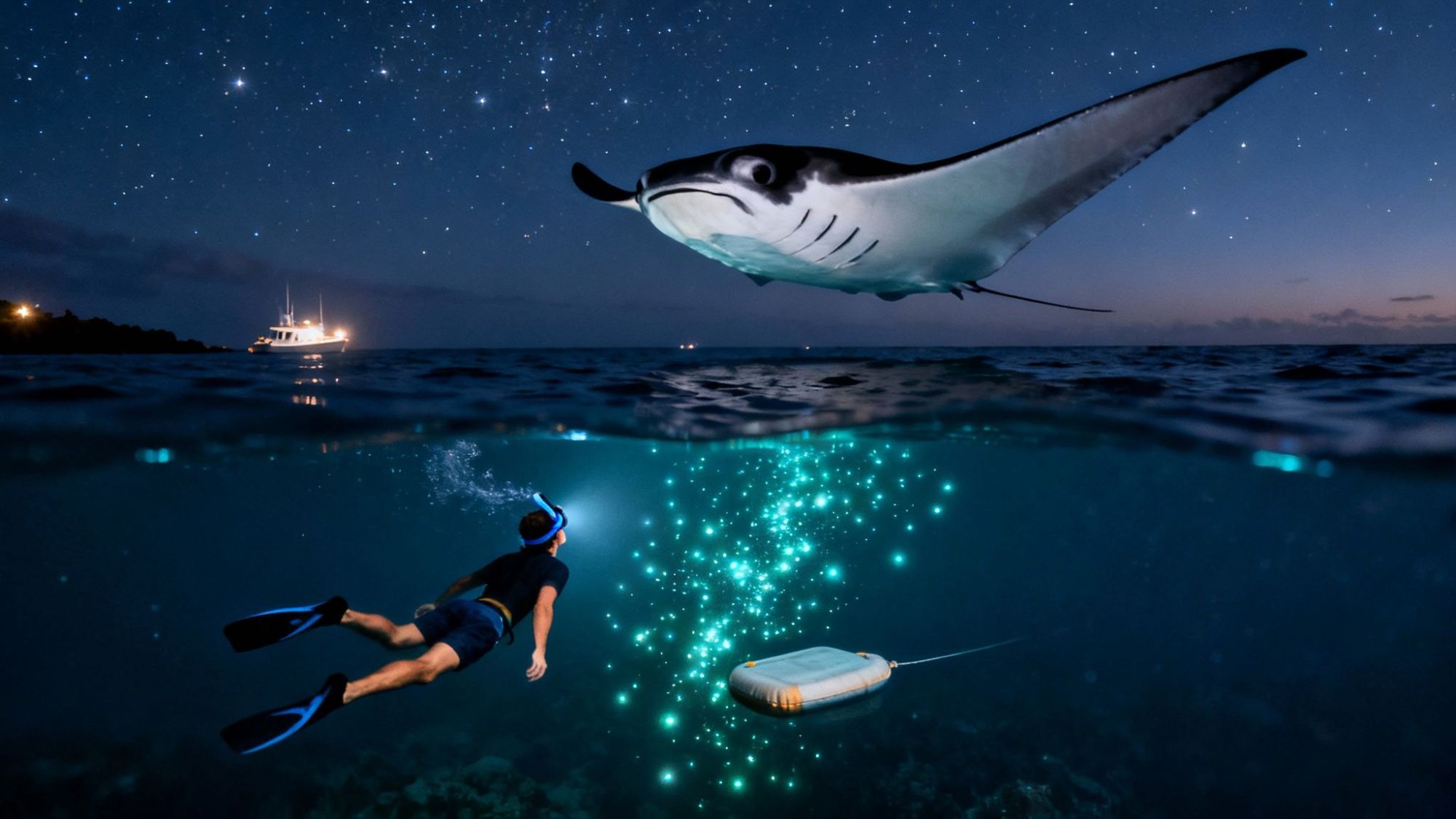 Snorkeler underwater at night with a large manta ray and a glowing object nearby, starry sky above water.