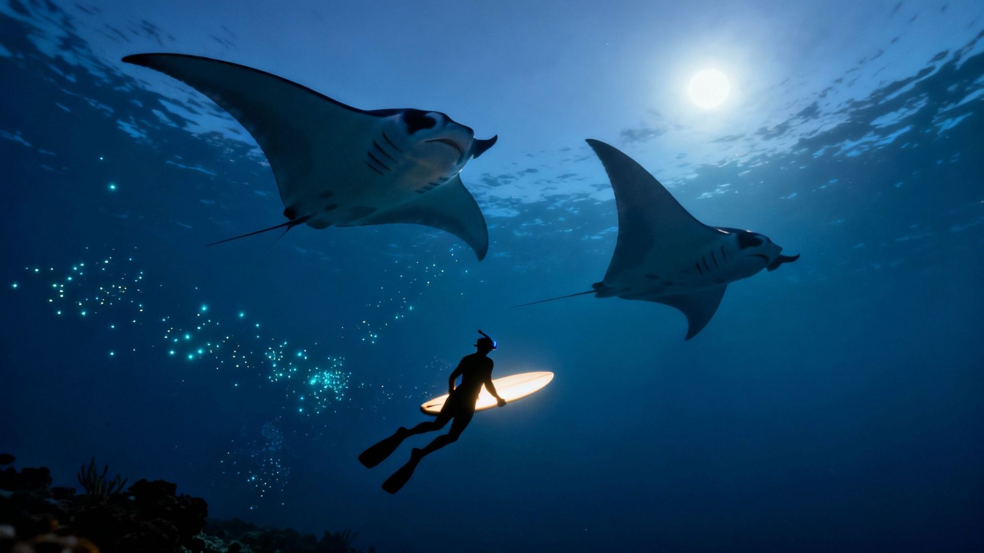 Diver with light and two manta rays swimming in deep blue ocean.