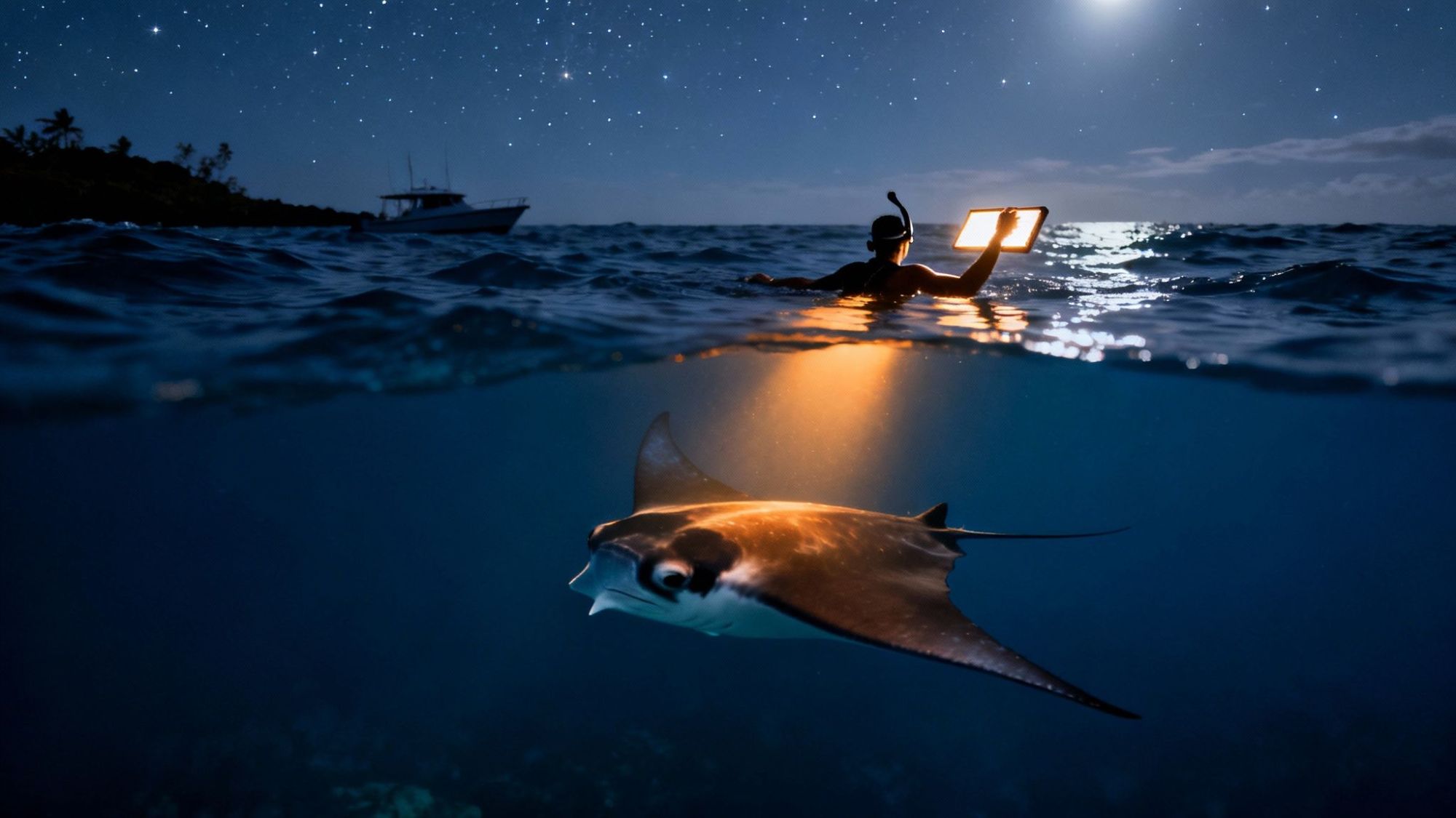 Diver holding light above water, manta ray below. Starry night sky in background.