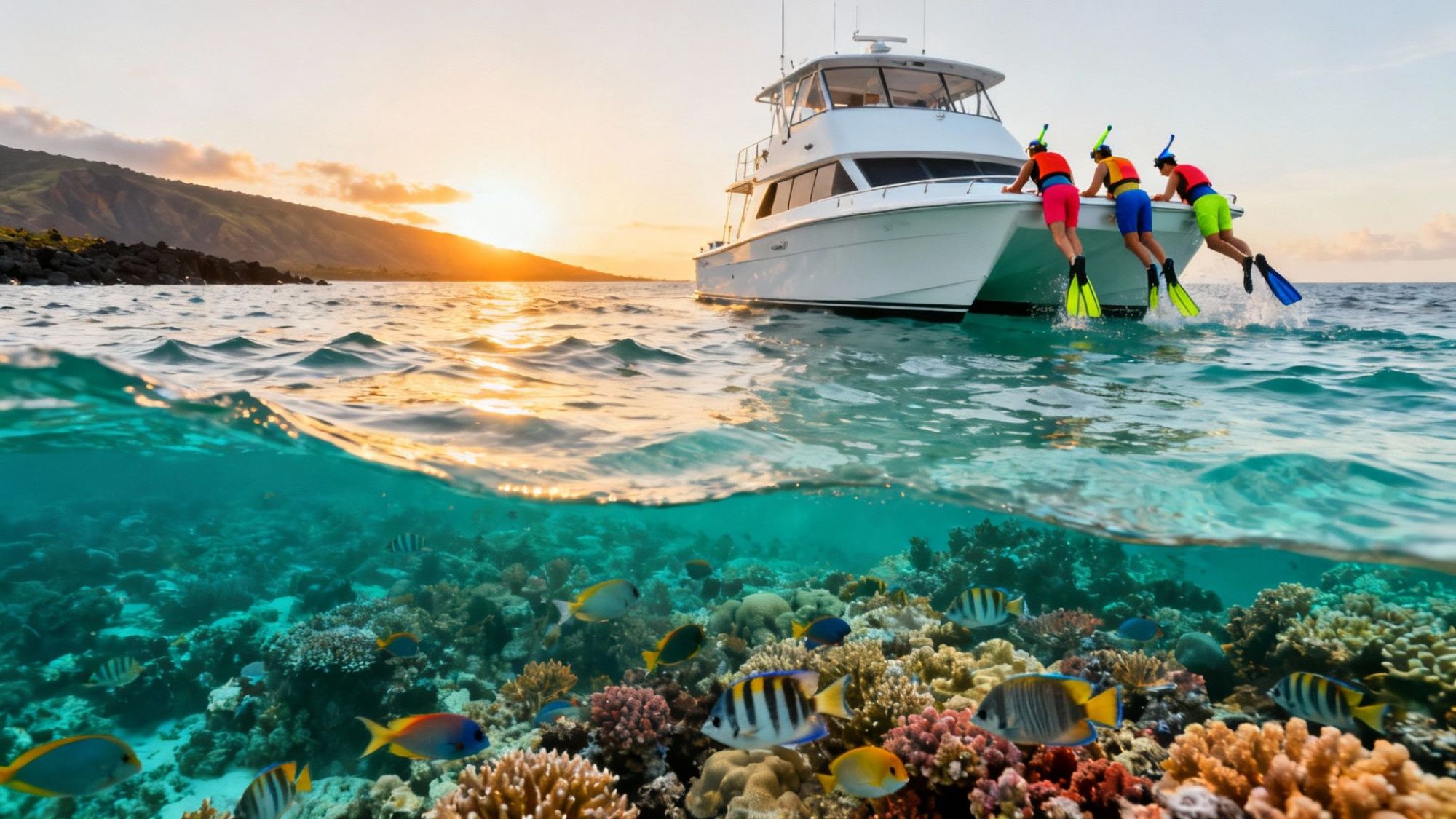 Snorkelers diving from a boat above vibrant coral reef at sunset.
