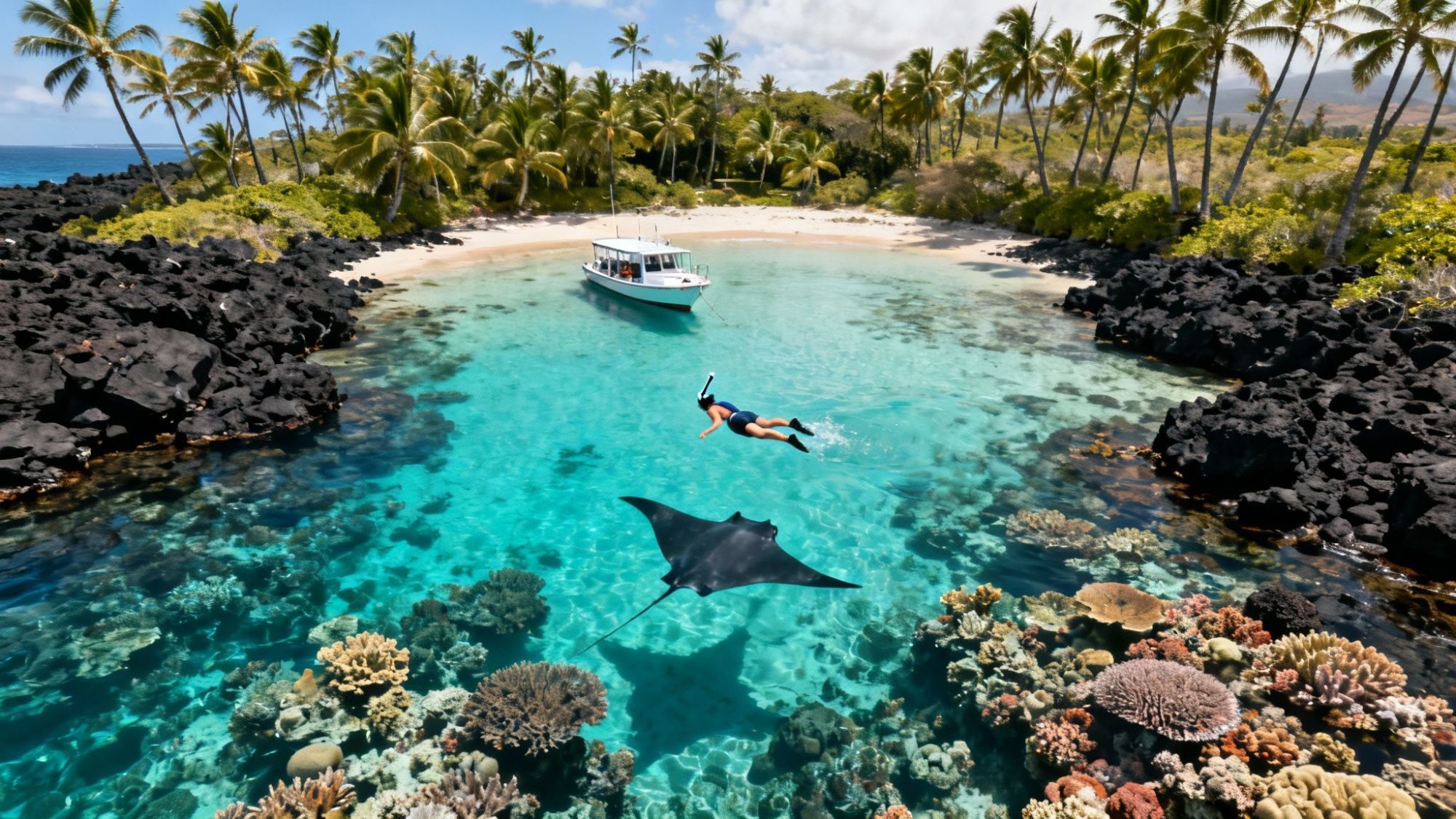 Snorkeler and manta ray in clear water near coral reef, boat, and beach lined with palm trees.
