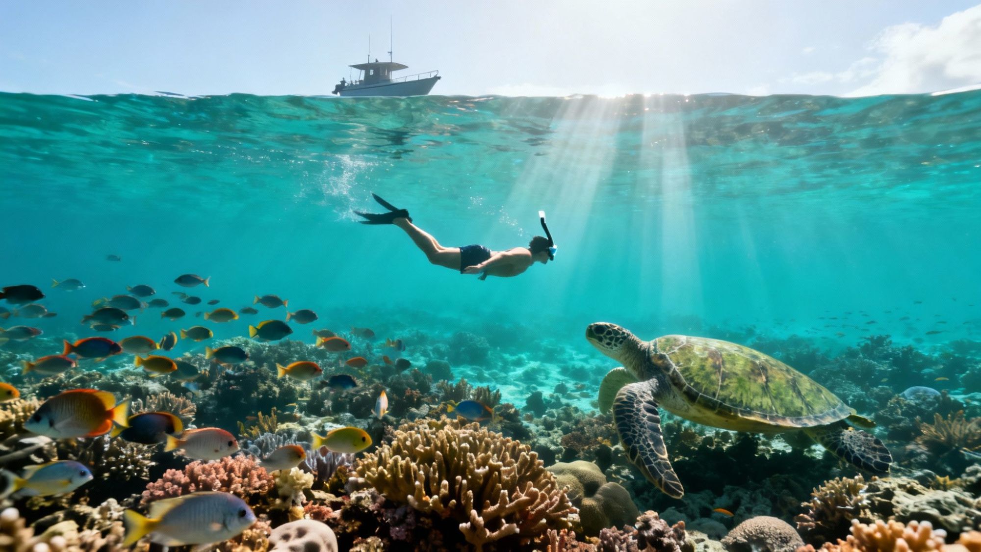 Snorkeler swims above coral reef with a sea turtle and colorful fish, under clear blue water with boat on the surface.