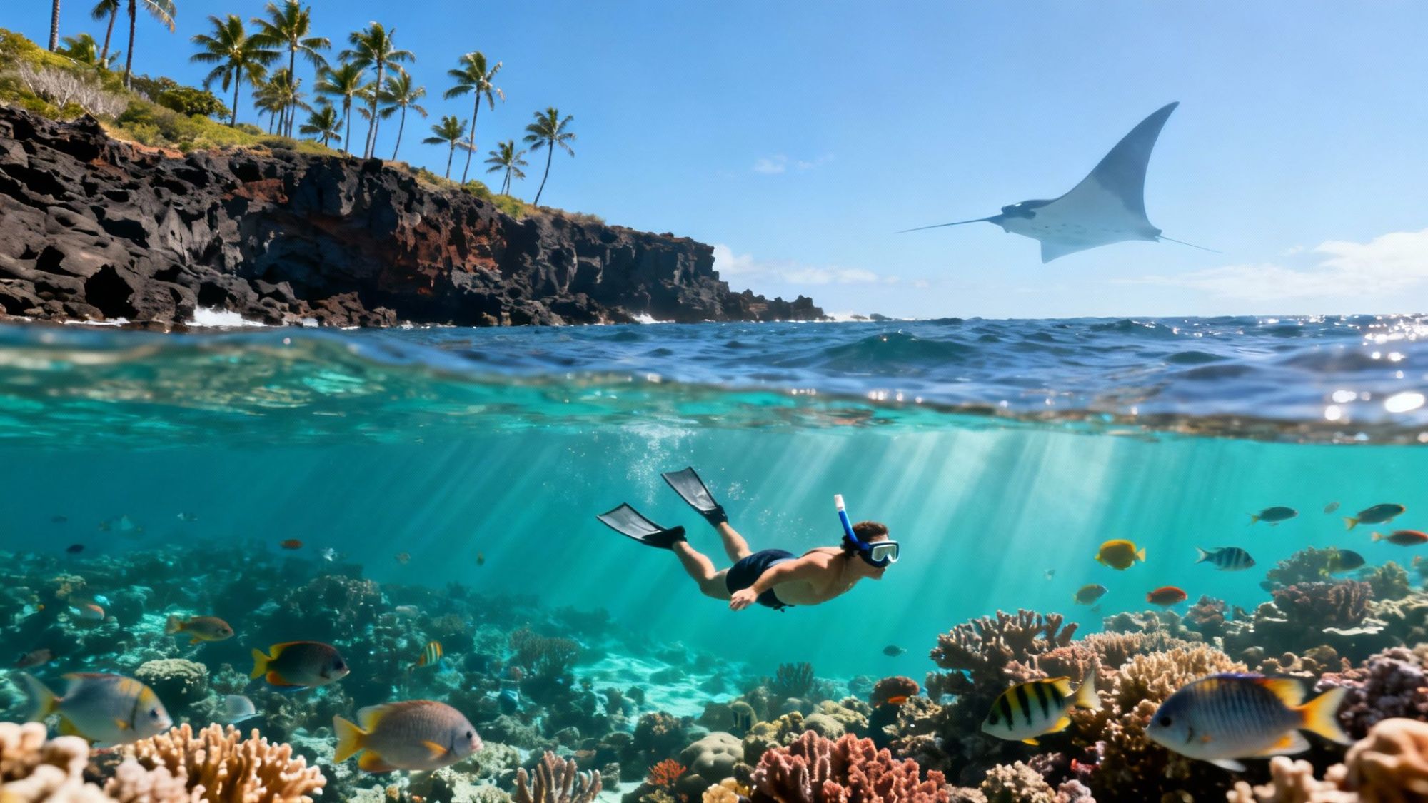 Snorkeler swims over coral reefs with fish, palm trees and cliffs in background, and manta ray gliding above water.