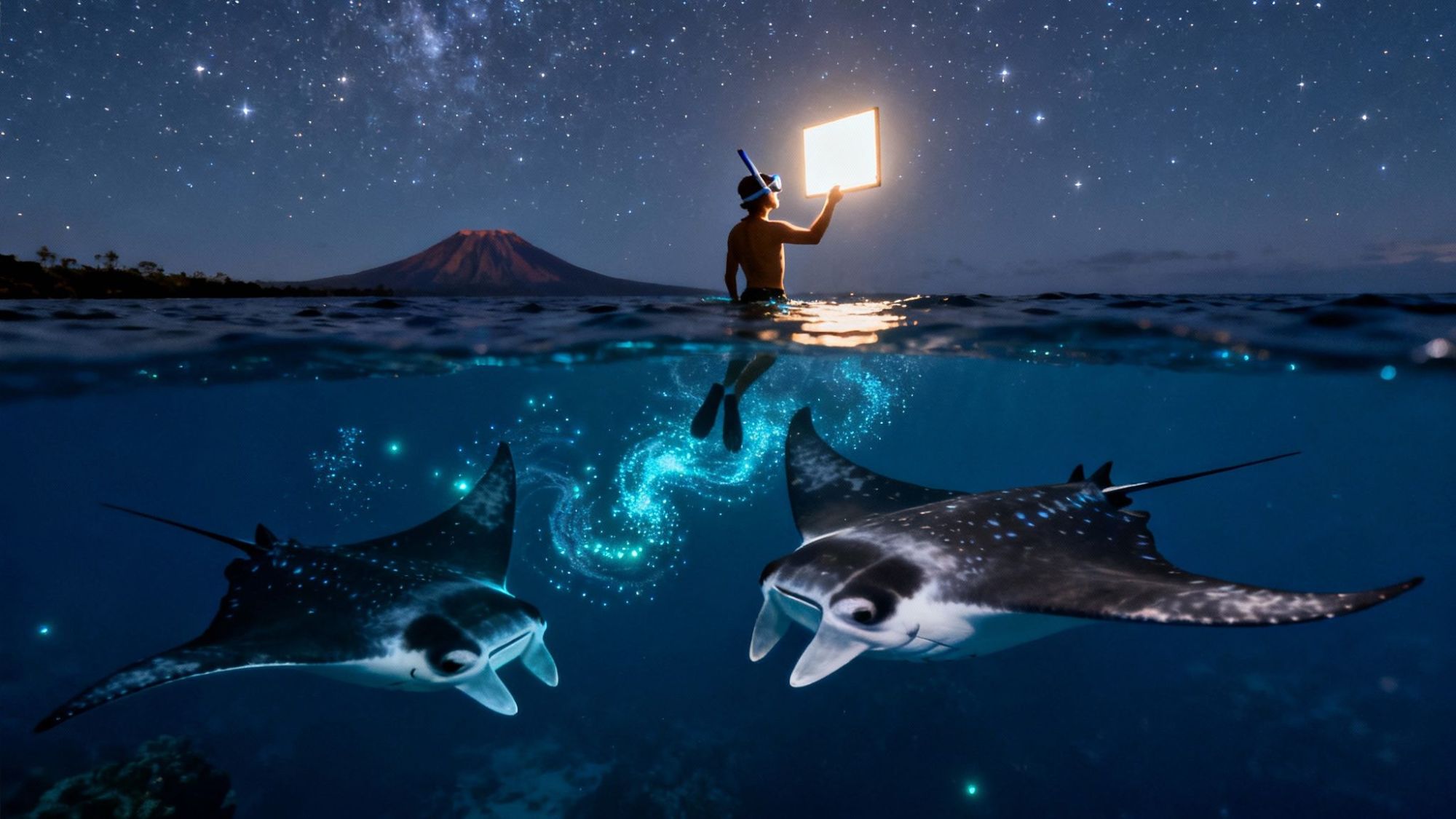 Night scene with snorkeler holding light above water, manta rays, and starry sky.