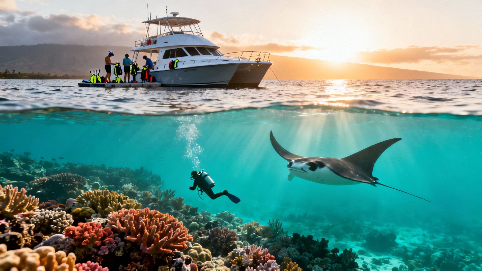 Diver and manta ray underwater with a boat and people above, sunset in the background.