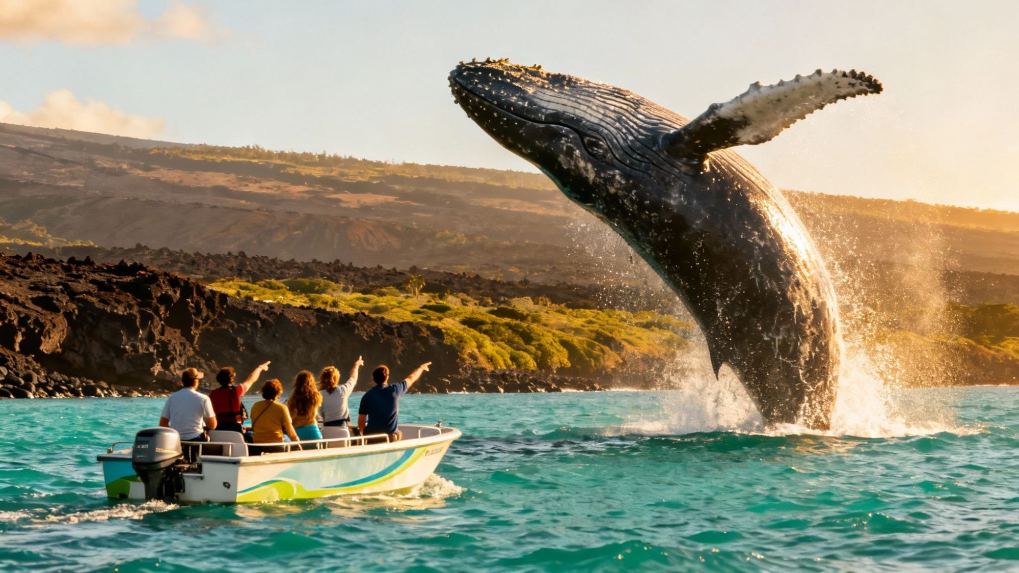 Whale breaching near boat with people on a sunny day.