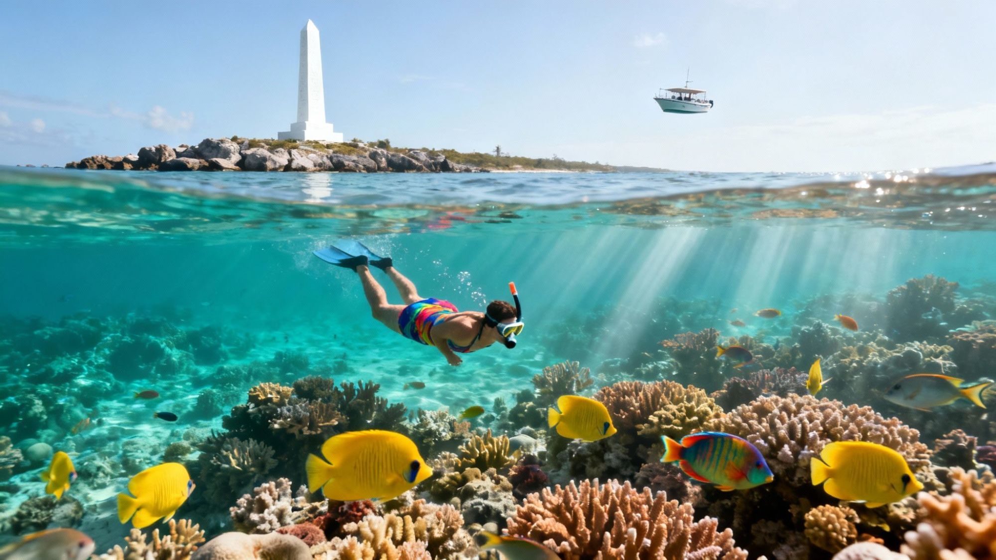 Snorkeler above coral reef with fish; island and obelisk in background.