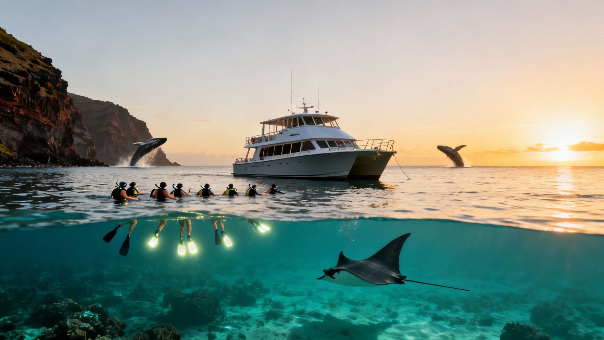 People snorkeling near a boat with breaching whales at sunset, manta ray underwater.