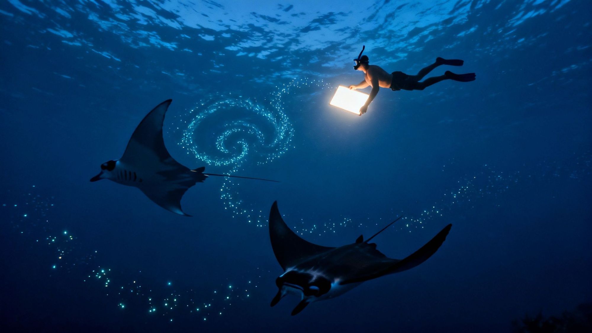 Diver with light box swims above two manta rays in dark ocean, surrounded by glowing particles.