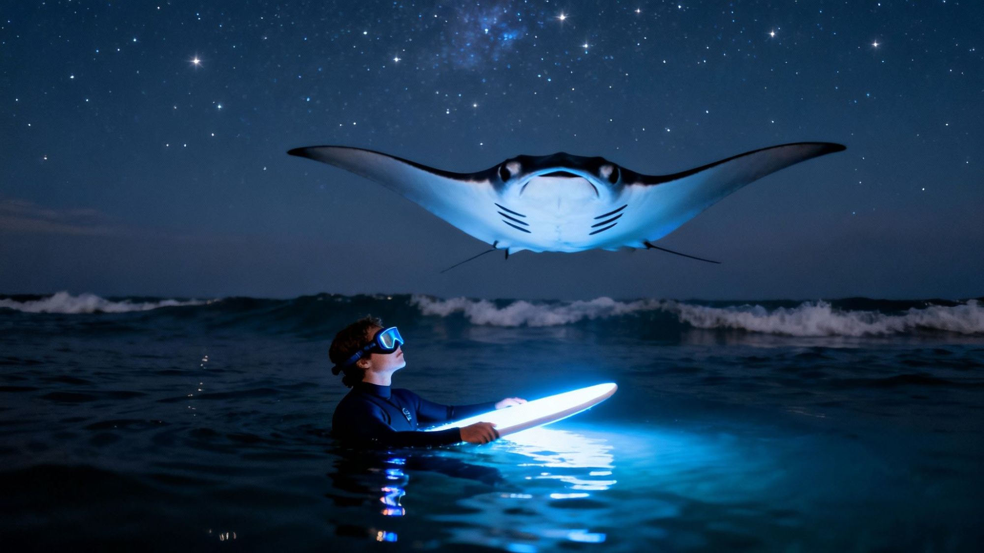 Person with glowing surfboard and goggles in ocean at night beneath large manta ray and starry sky.