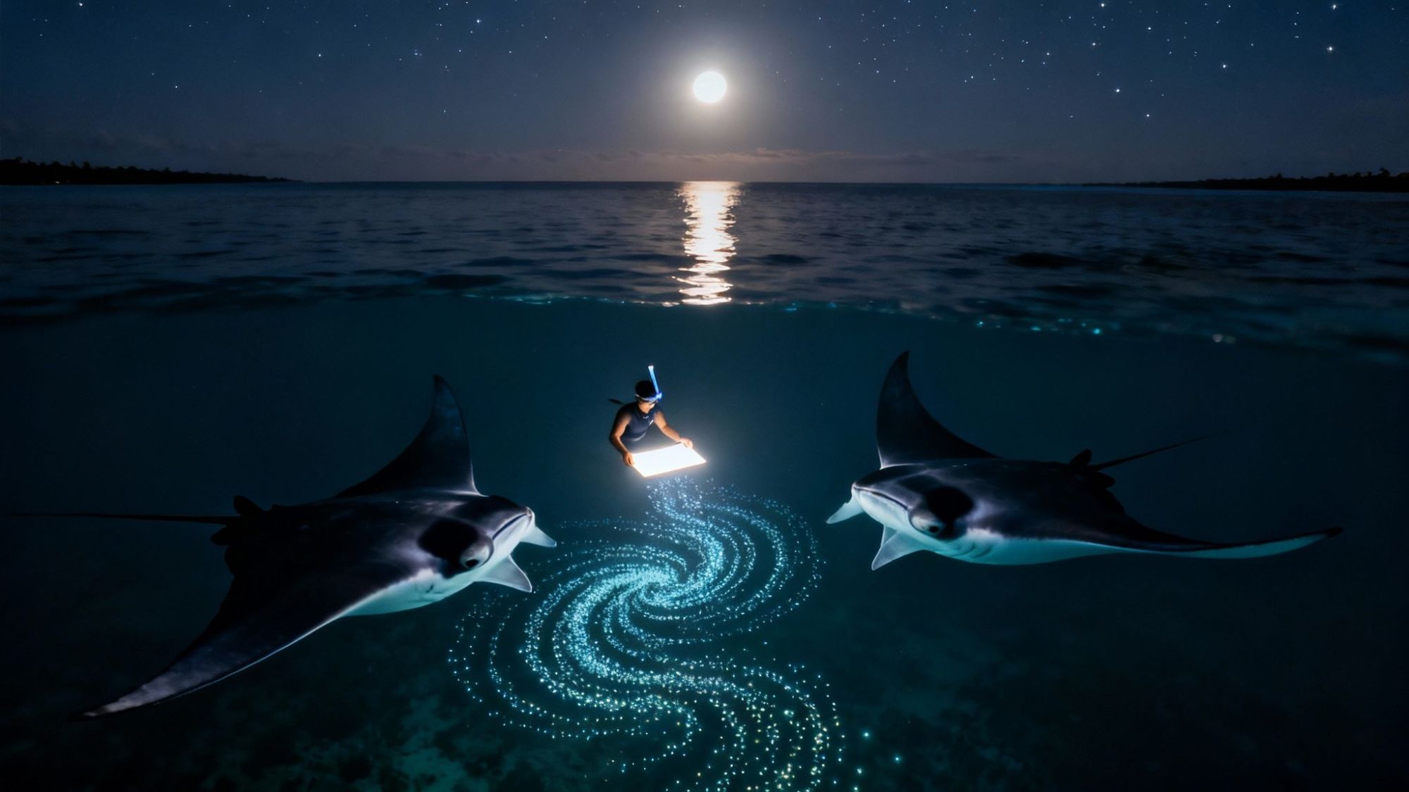 Person snorkeling with manta rays under a starry sky and moonlit ocean at night.