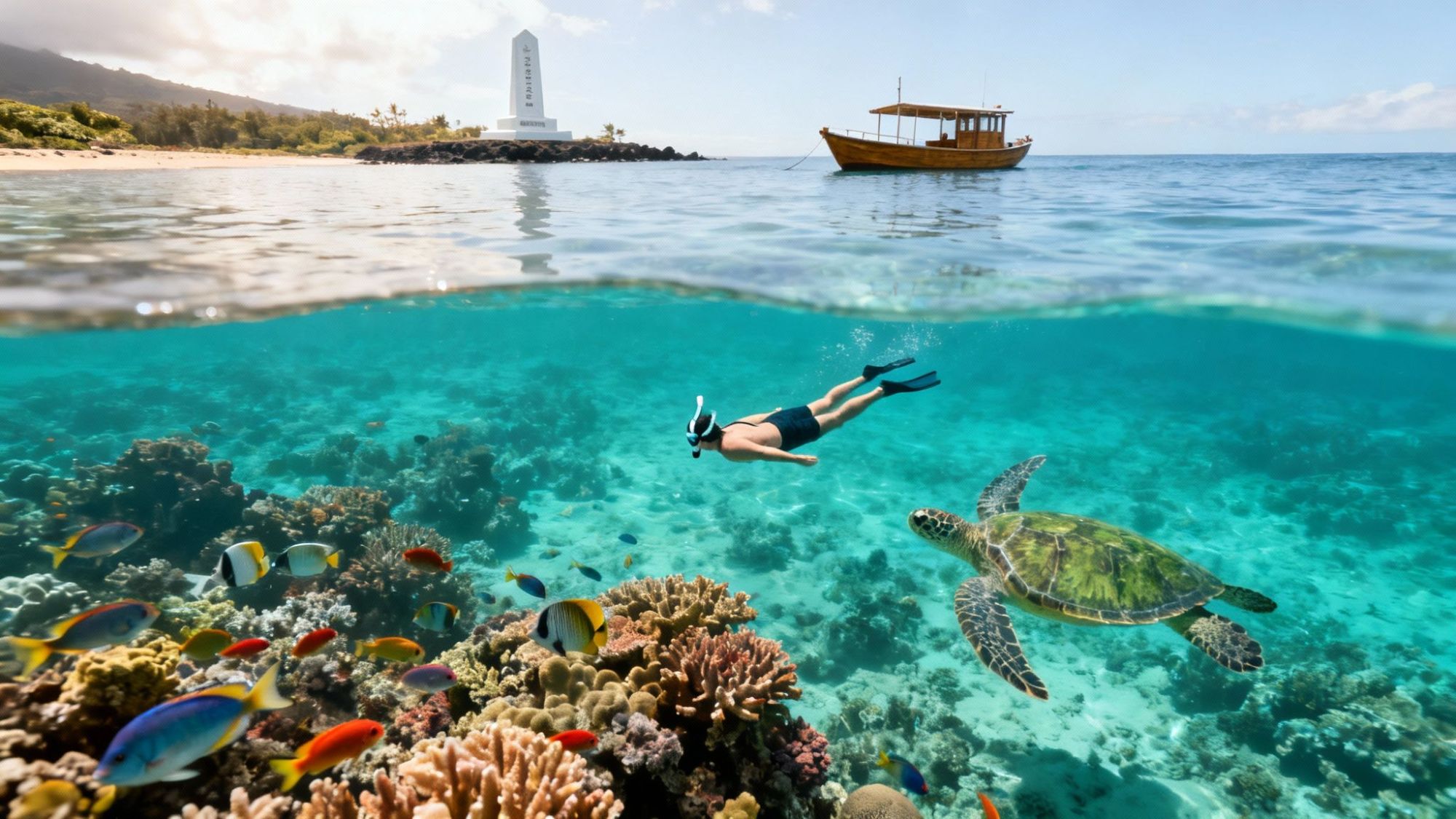 Person snorkeling above coral reef with fish and turtle, boat and monument in background.