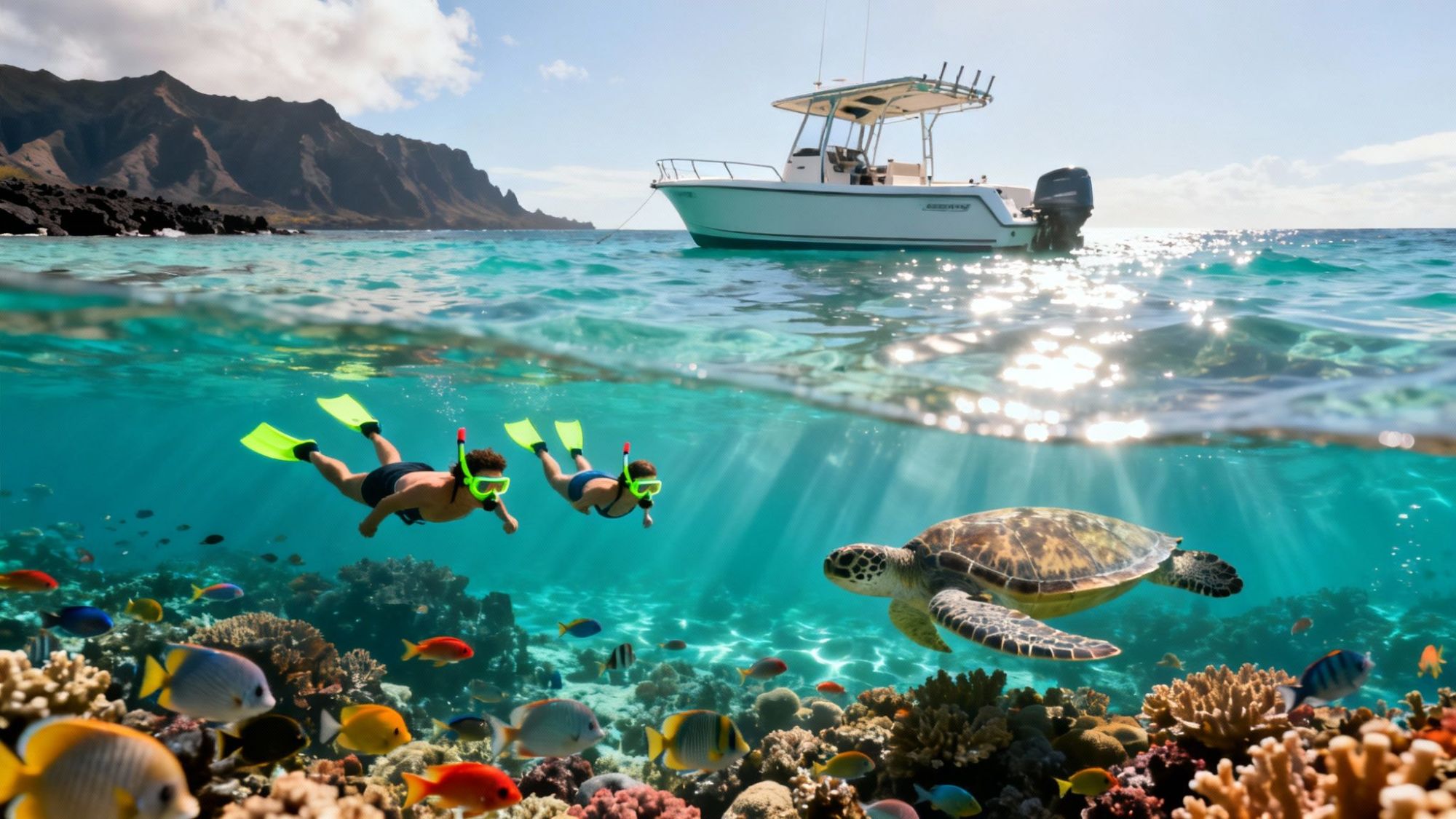 Two snorkelers swimming near a boat, with a sea turtle and colorful fish in clear ocean water.
