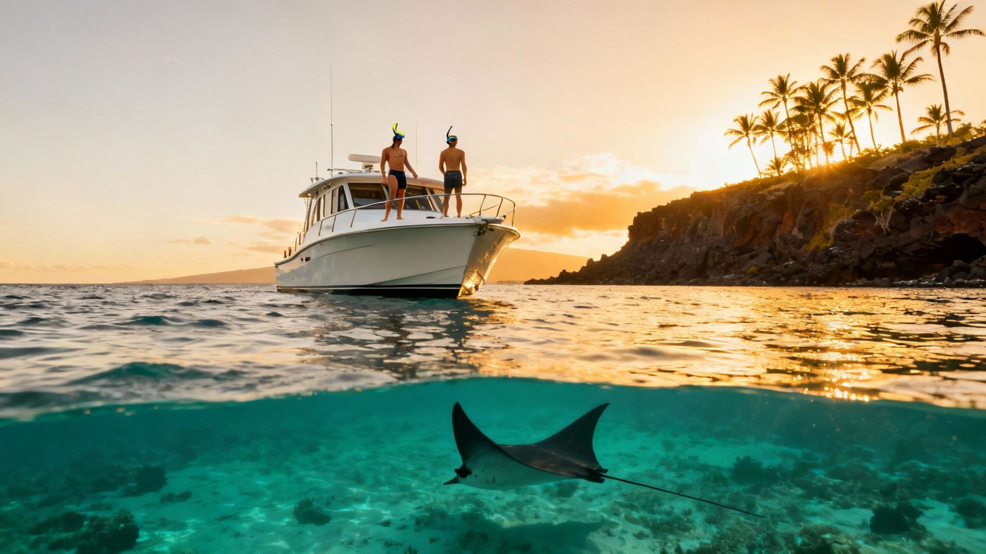 Two people on a boat with snorkels at sunset, ray swims underwater, palm trees on the coast.
