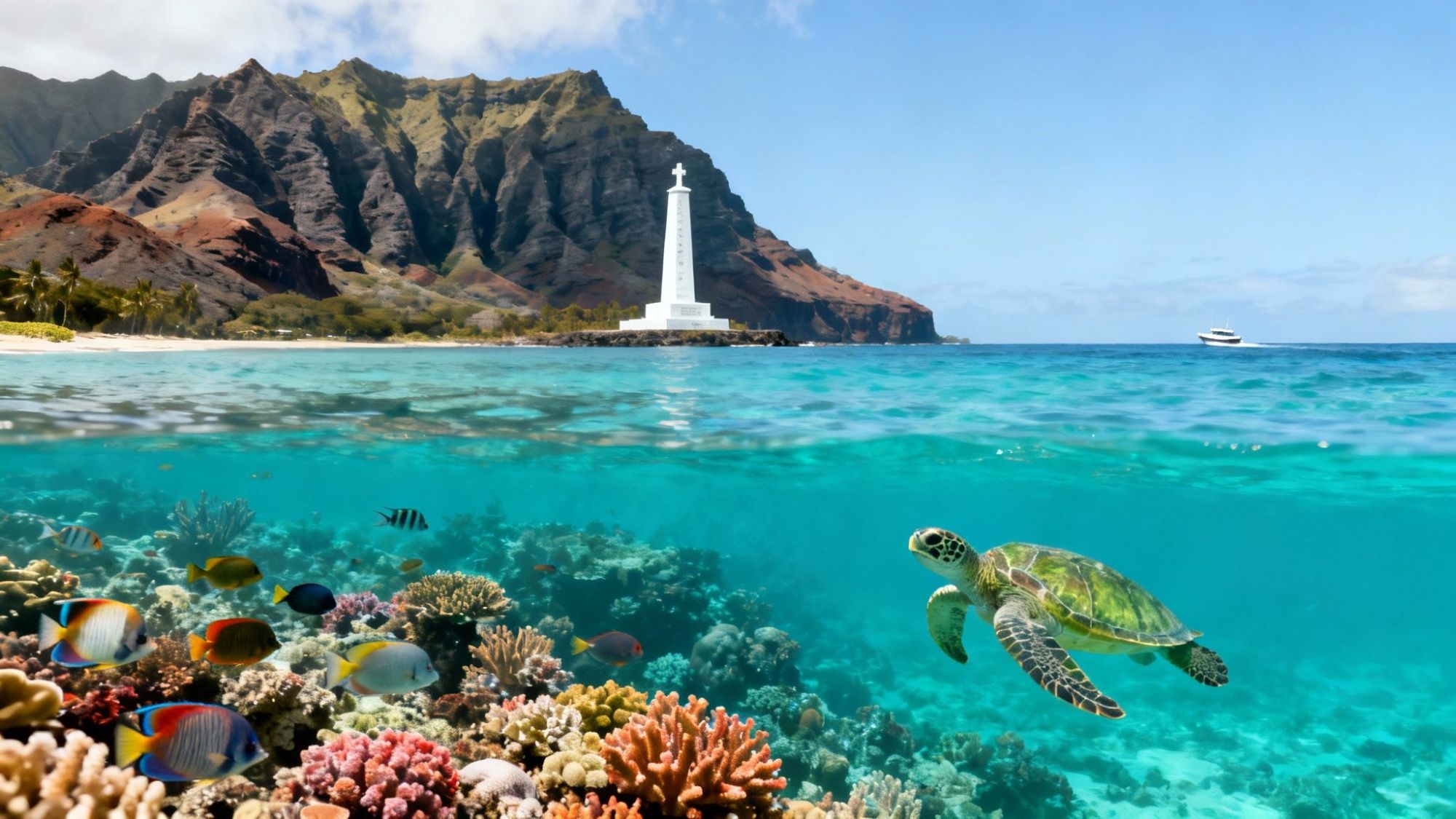 Underwater view of a sea turtle, fish, coral reef, lighthouse, and mountains in the background.